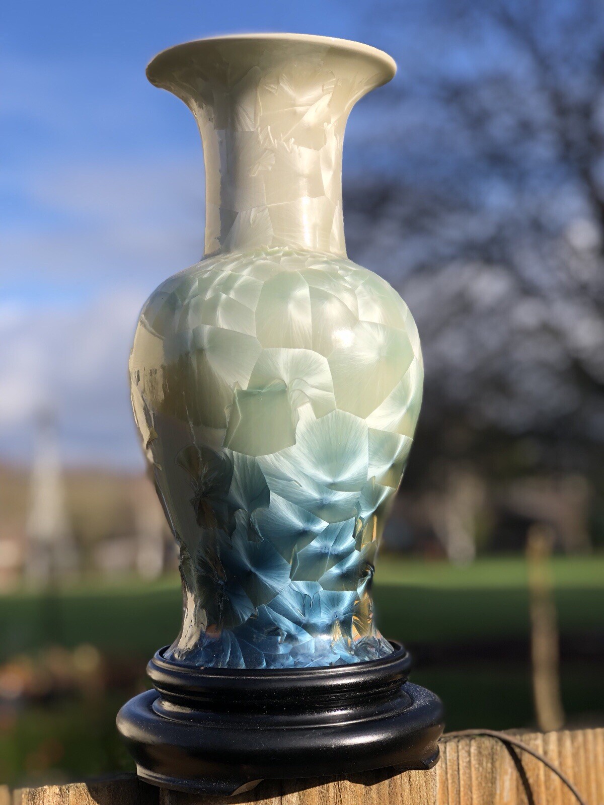 Chinese Porcelain Vase Crystalline Glazed Green Blue To White Gradient w Stand
