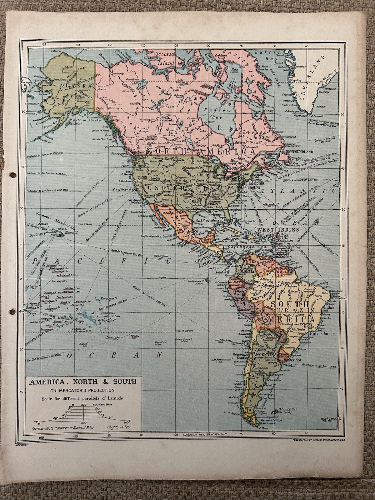 Antique Map North & South America c1930s Geographia Vintage Print