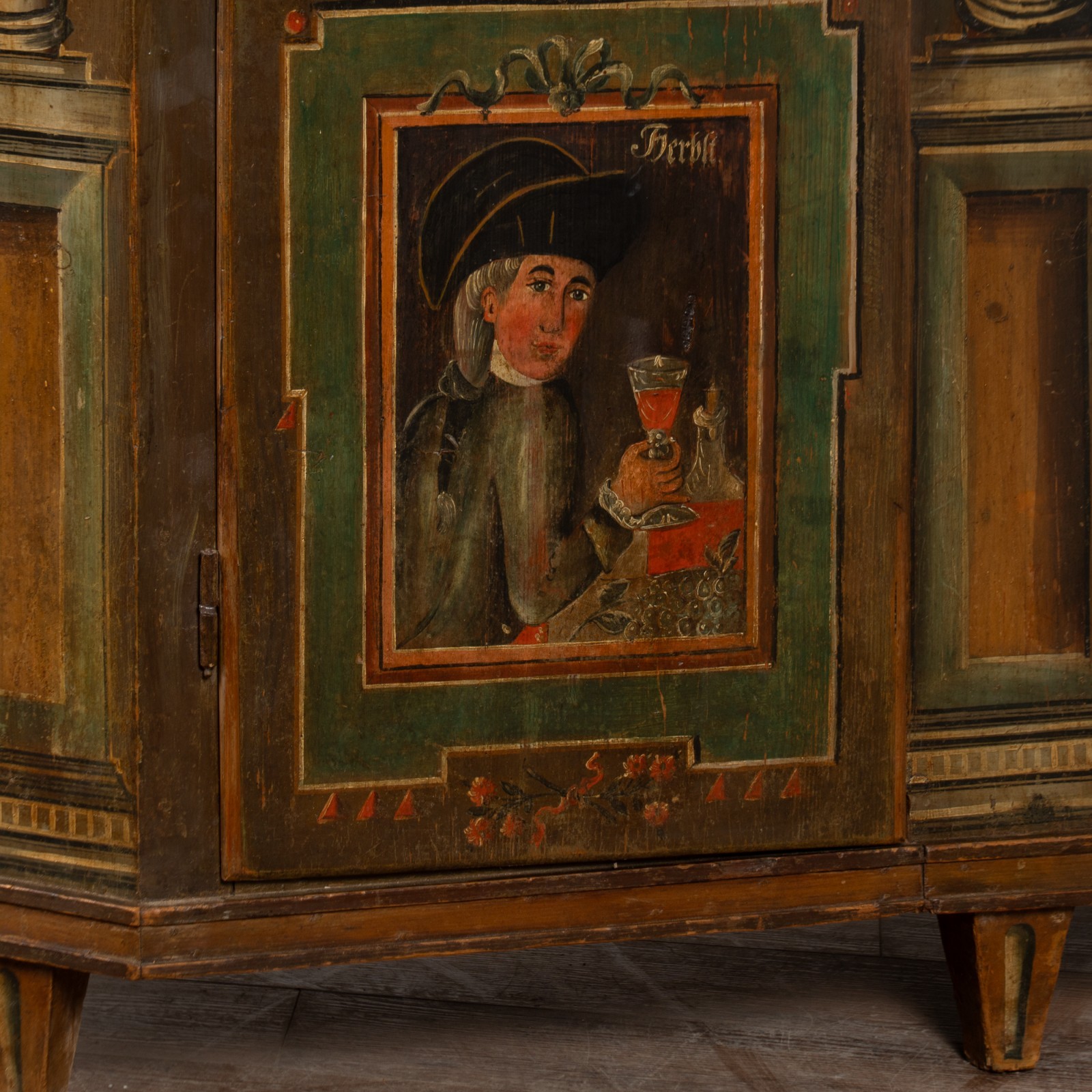 Original Painted German Shrunk Armoire with Four Seasons, Dated 1802