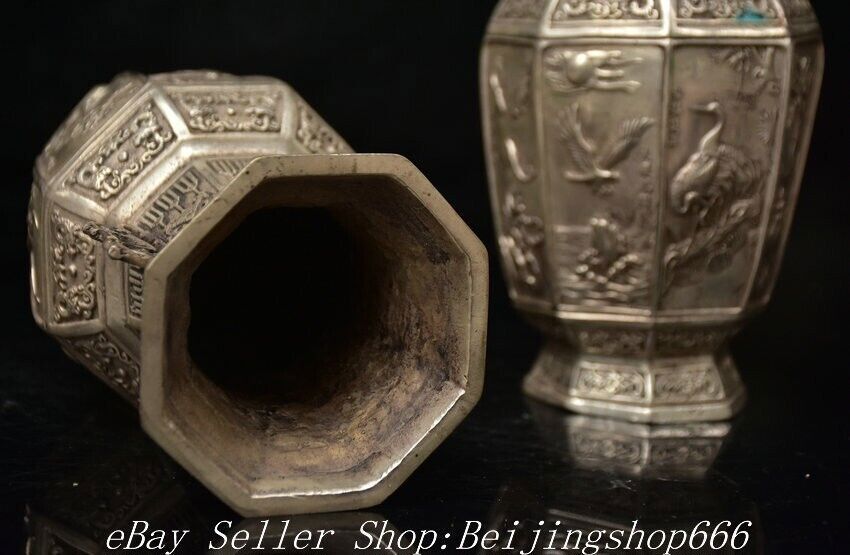 8.8″ Marked Old Chinese Copper Silver Double Ear Crane Eagle Bottle Vase Pair