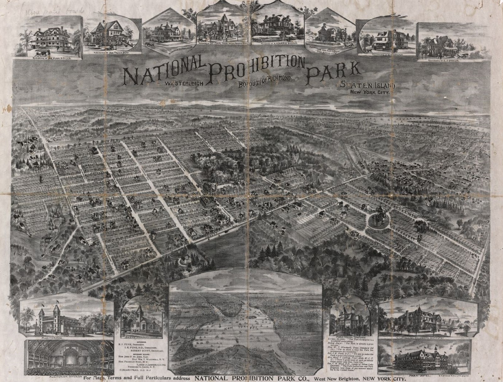 1898 AERIAL VIEW OF NATIONAL PROHIBITION PARK, STATEN ISLAND, NY COPY POSTER MAP