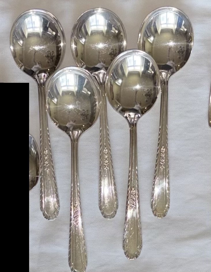 5 H & T Mfg. Co. Soup Spoons 7″ Floral Spray Silver – Plate Spoons Lot Flower