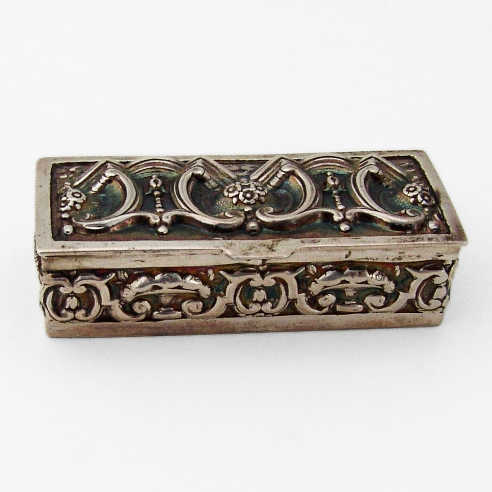 Ornate Rectangular Form Pill Box Sterling Silver