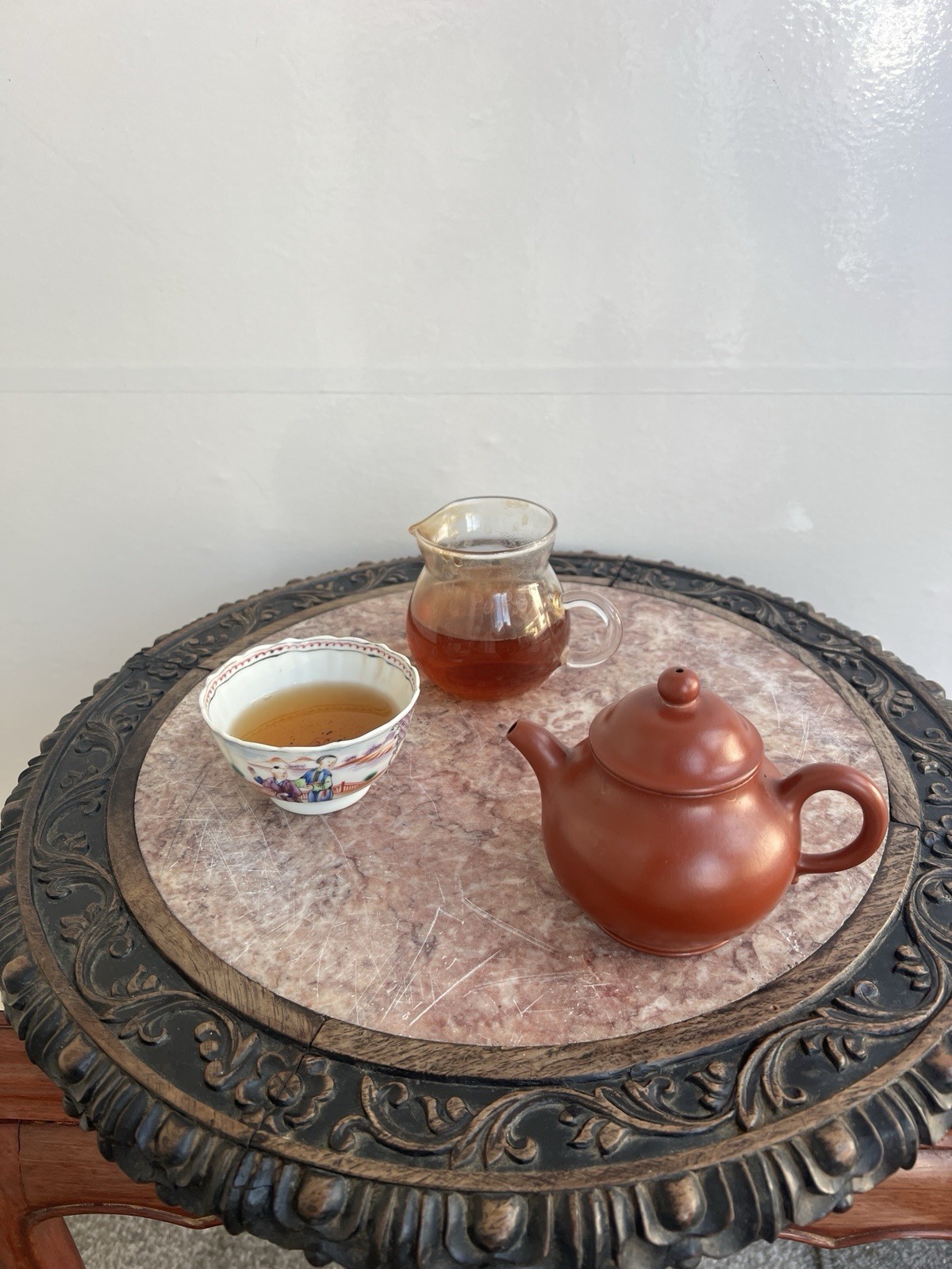 Antique Chinese Carved Rosewood Marble Top Tea Tray /Stand Top– Guangzhou Export