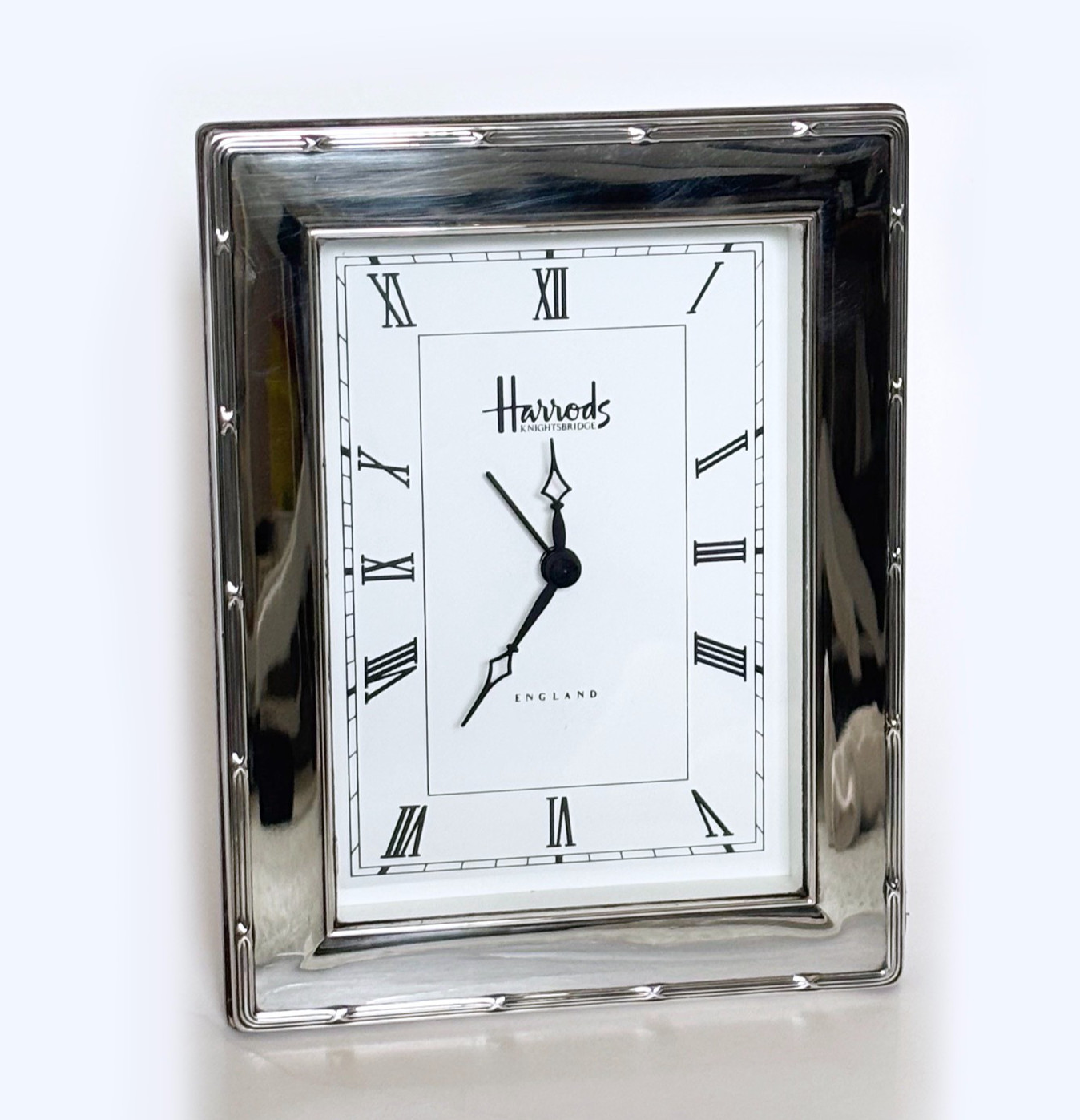 Vintage Harrods Hallmarked Sterling Silver Front Desk Alarm Clock Working 5×6.5