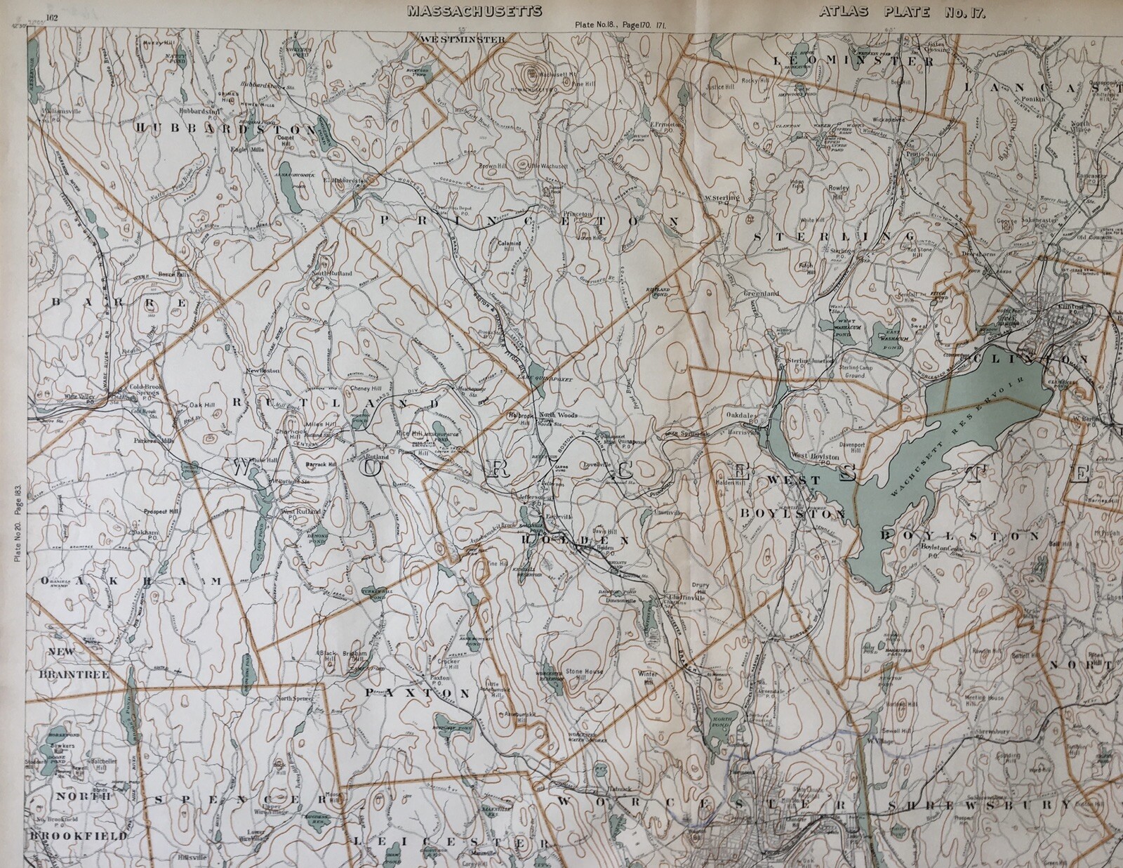 1907 Original Map,Worcester,Northborough,Sterling,Harvard,Leominster,Mass MA,old