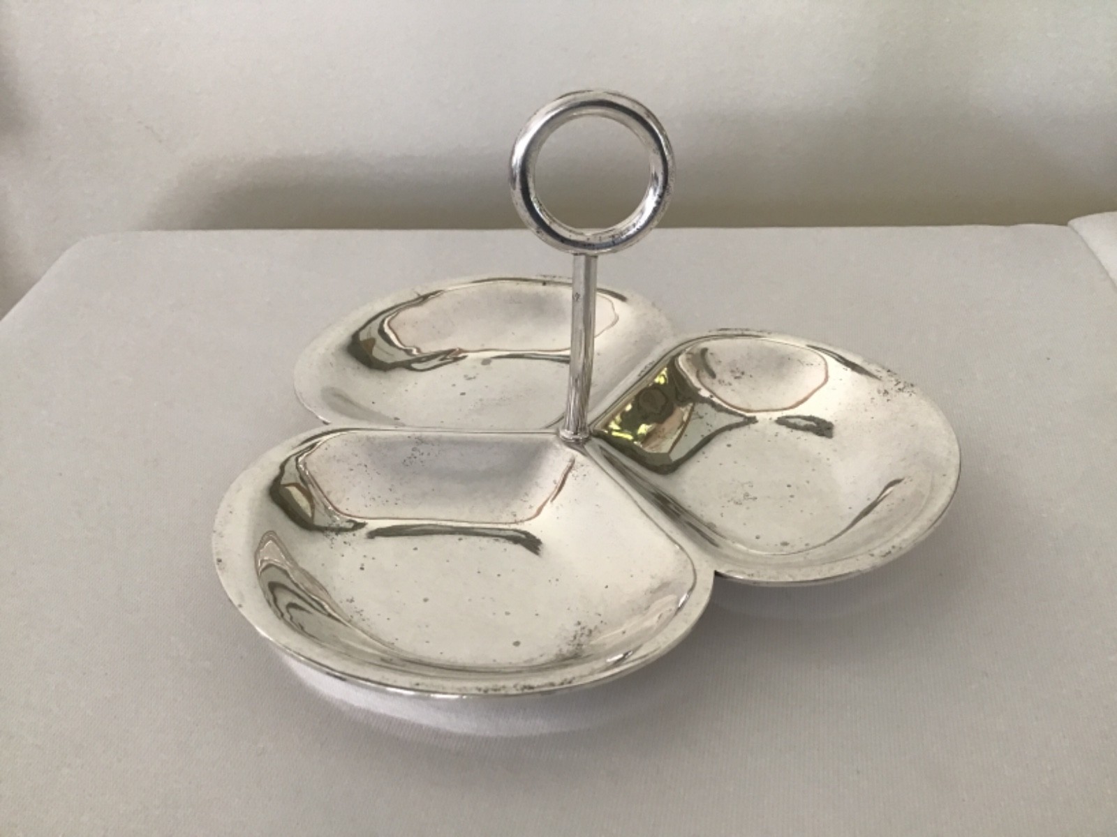 Unger Brothers Sterling Silver Small 3 Part Dish with Handle B2007 6″ Across