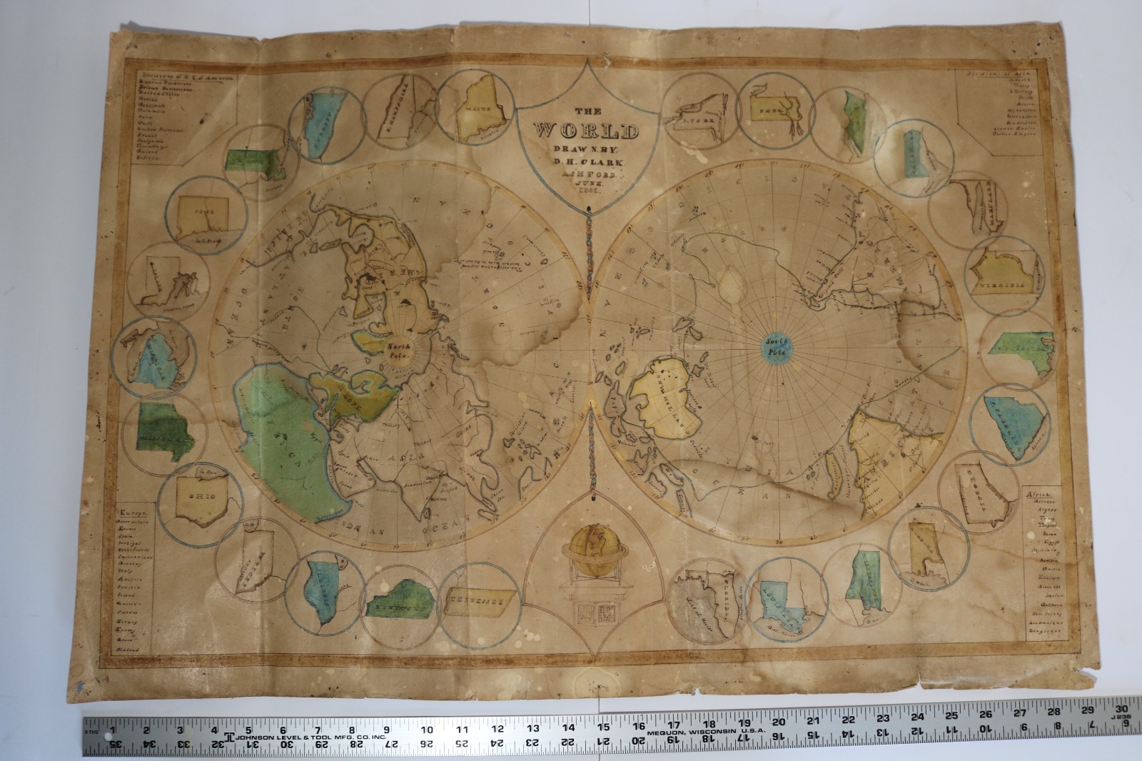 ANTIQUE 1831 FOLK ART SCHOOLGIRL BOY DRAWN MAP OF WORLD US STATES ASHFORD CT