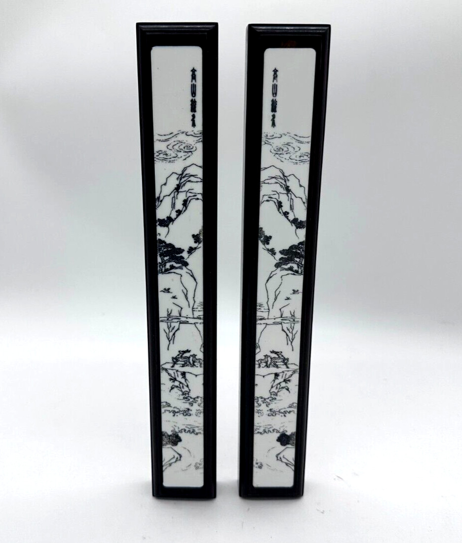 Chinese Wood Scroll Paper Weights ~ Hardwood ~ Canyon & Deer Landscape Imagery