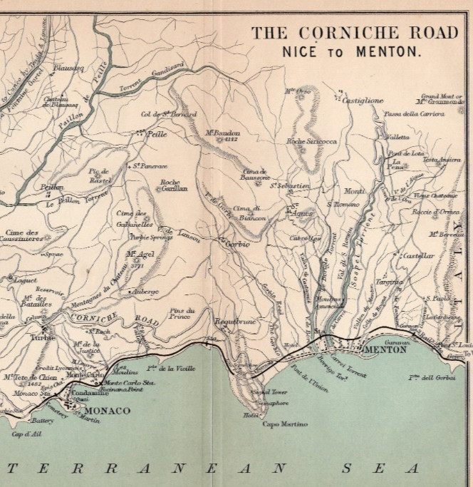 Corniche Road Nice to Menton France Antique Map 1900 Monaco Riviera Coast