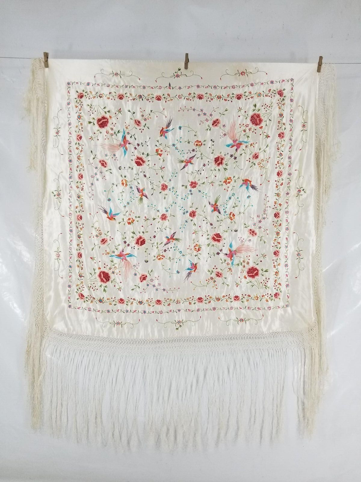 Vintage Chinese Silk Hand Embroidered Floral Piano Shawl 44×43 inches