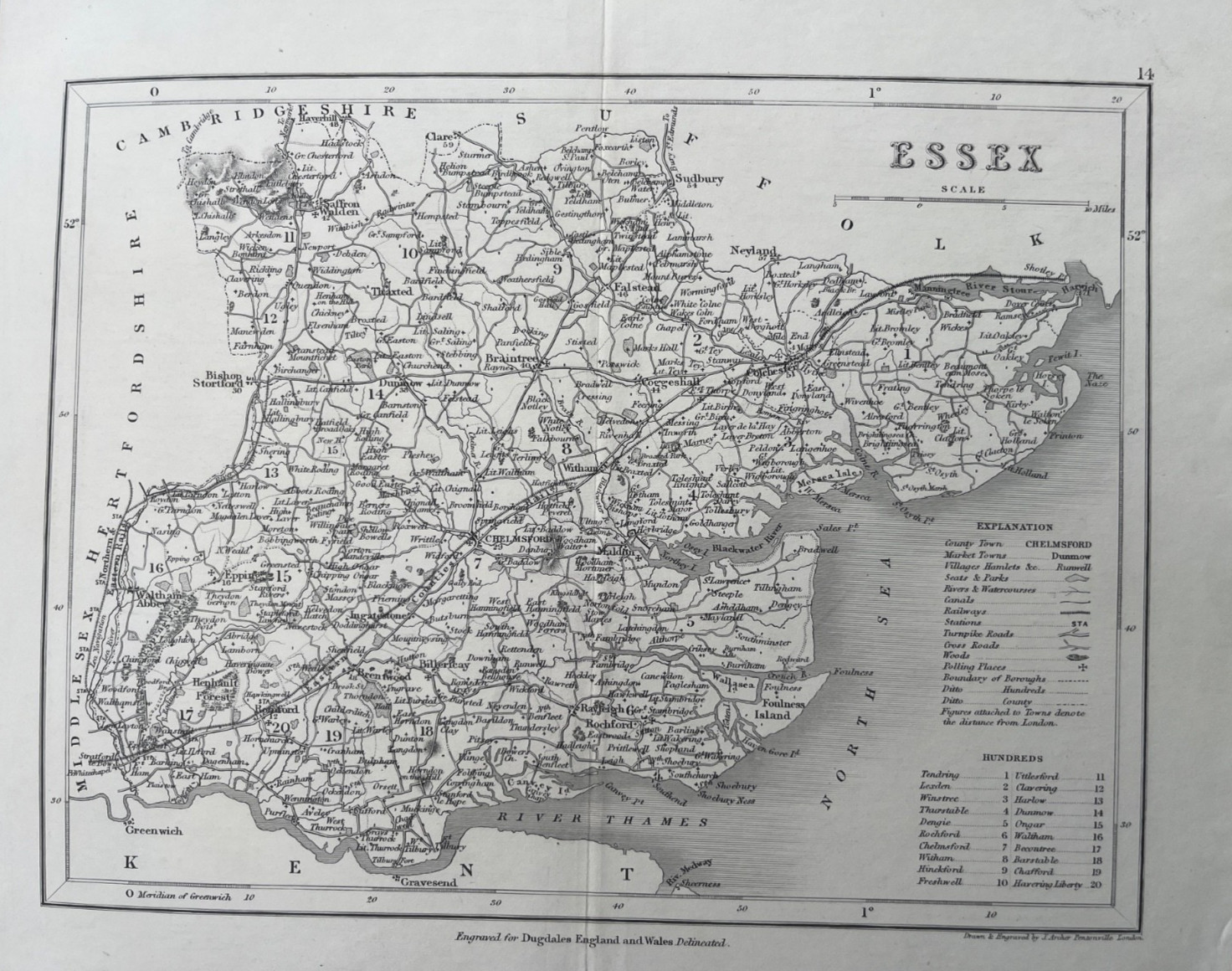 1850 Antique Map; Essex by Joshua Archer