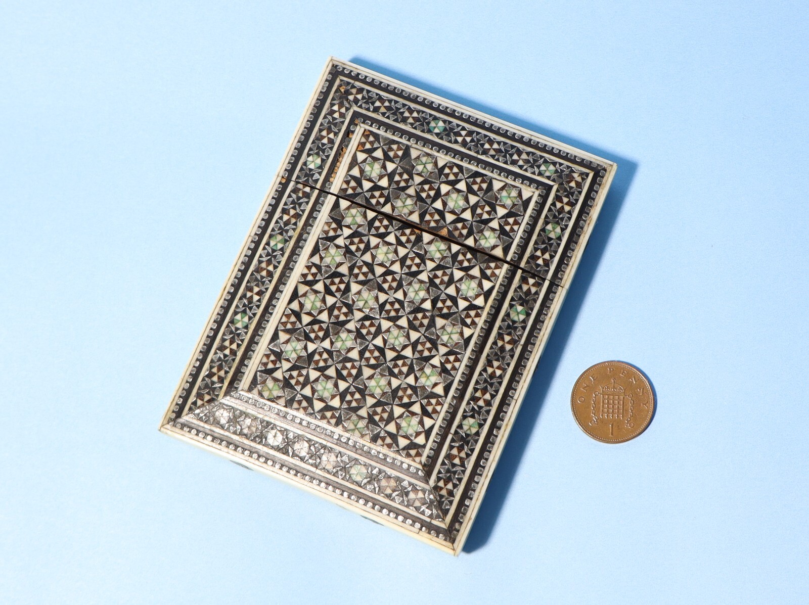 19thC Intricate Inlaid Metal & Wood Micromosaic Card Case a/f #ESK