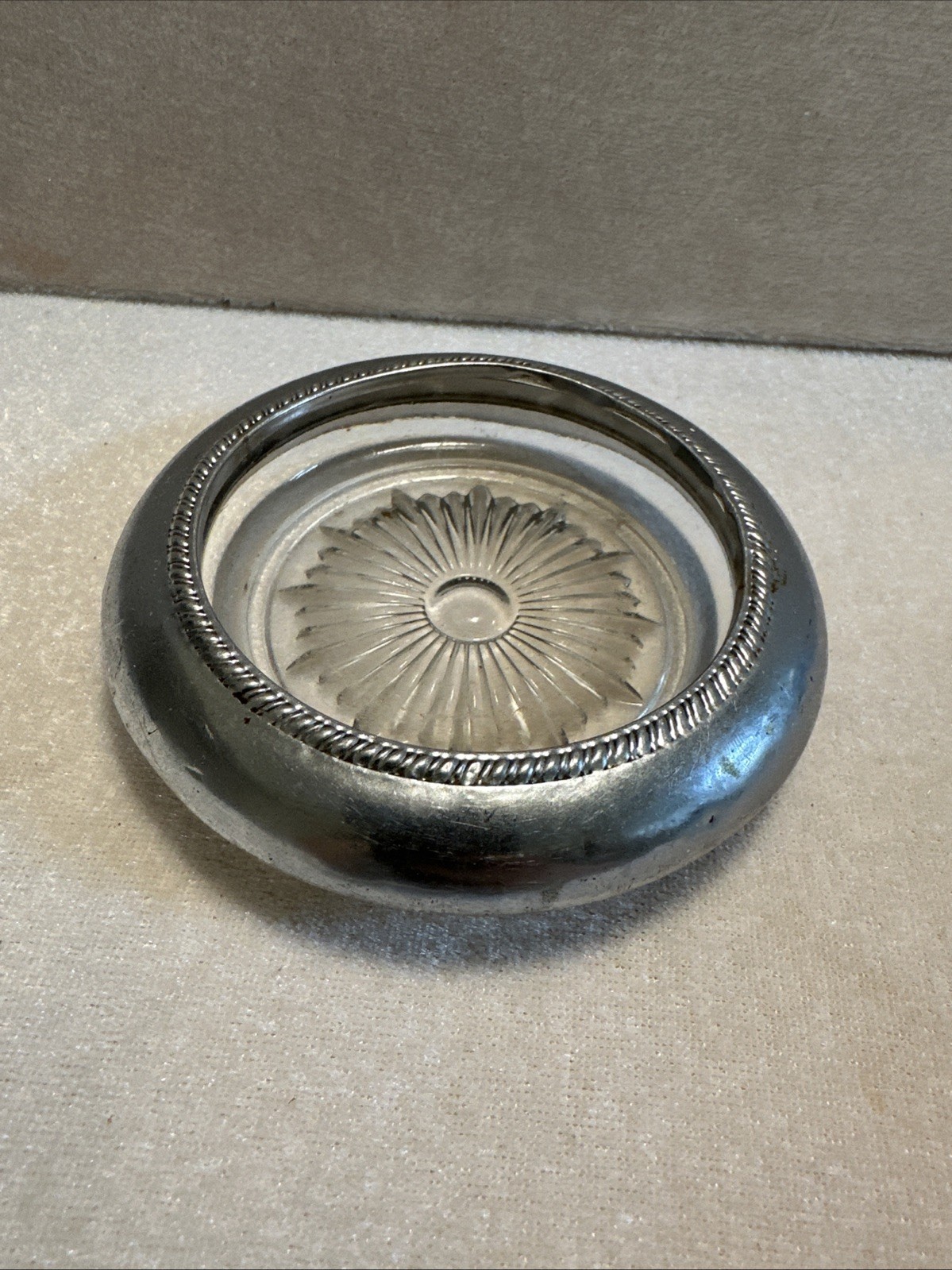 Glass Coaster Ash Tray Trinket Dish w/ Silver Plate Rim Starburst