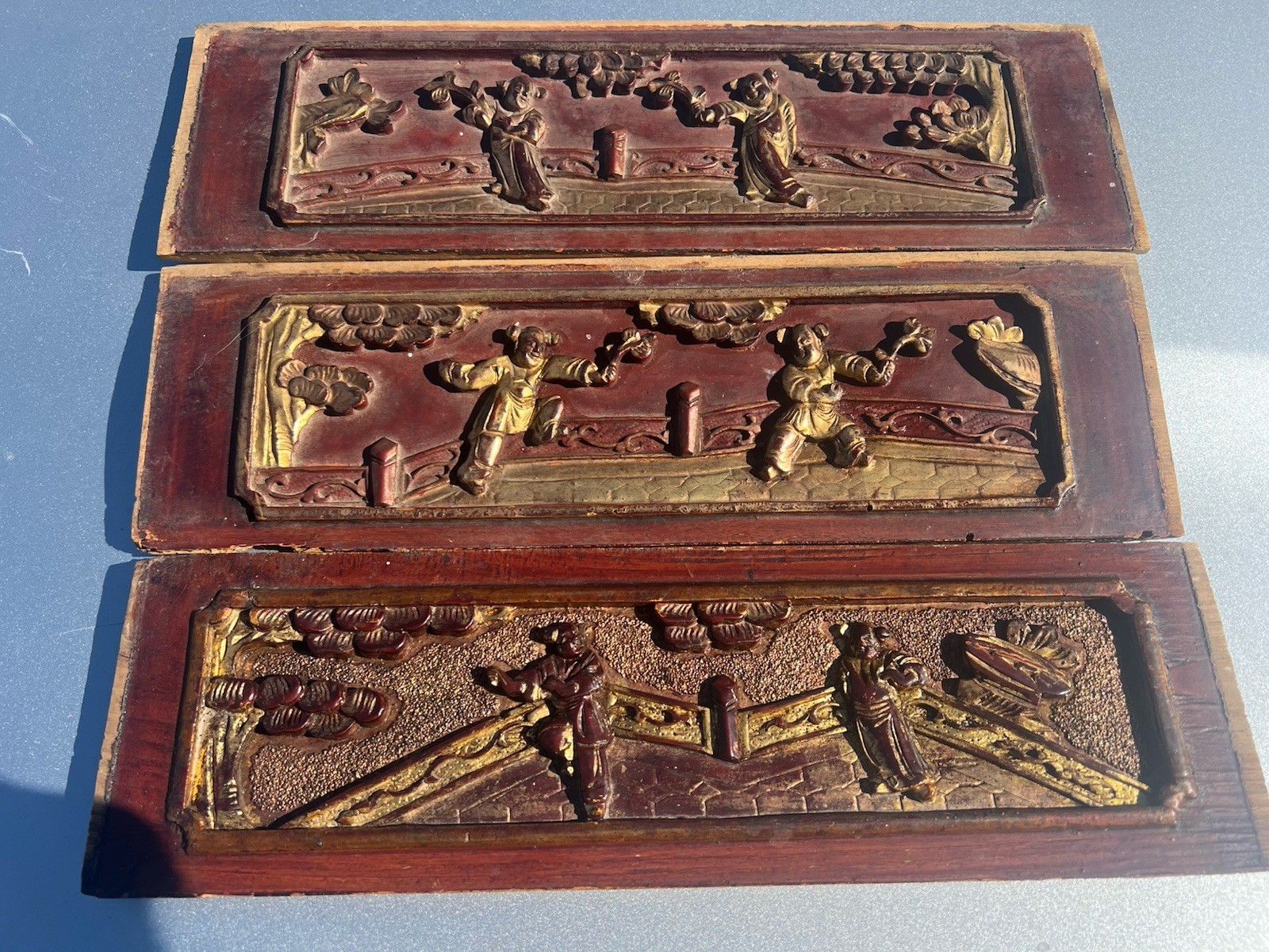 3 Antique Hand Carved Oriental Wood Cabinet or Drawer Panels-Gold Leaf