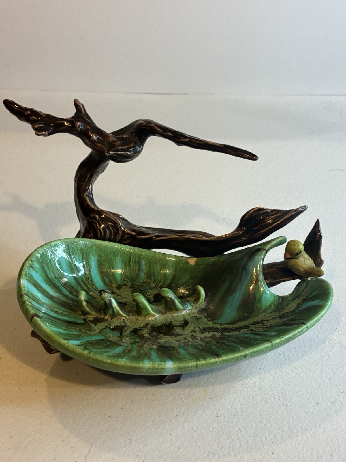 vintage ceramic glazed mcm look ashtray driftwood look brown green color combo