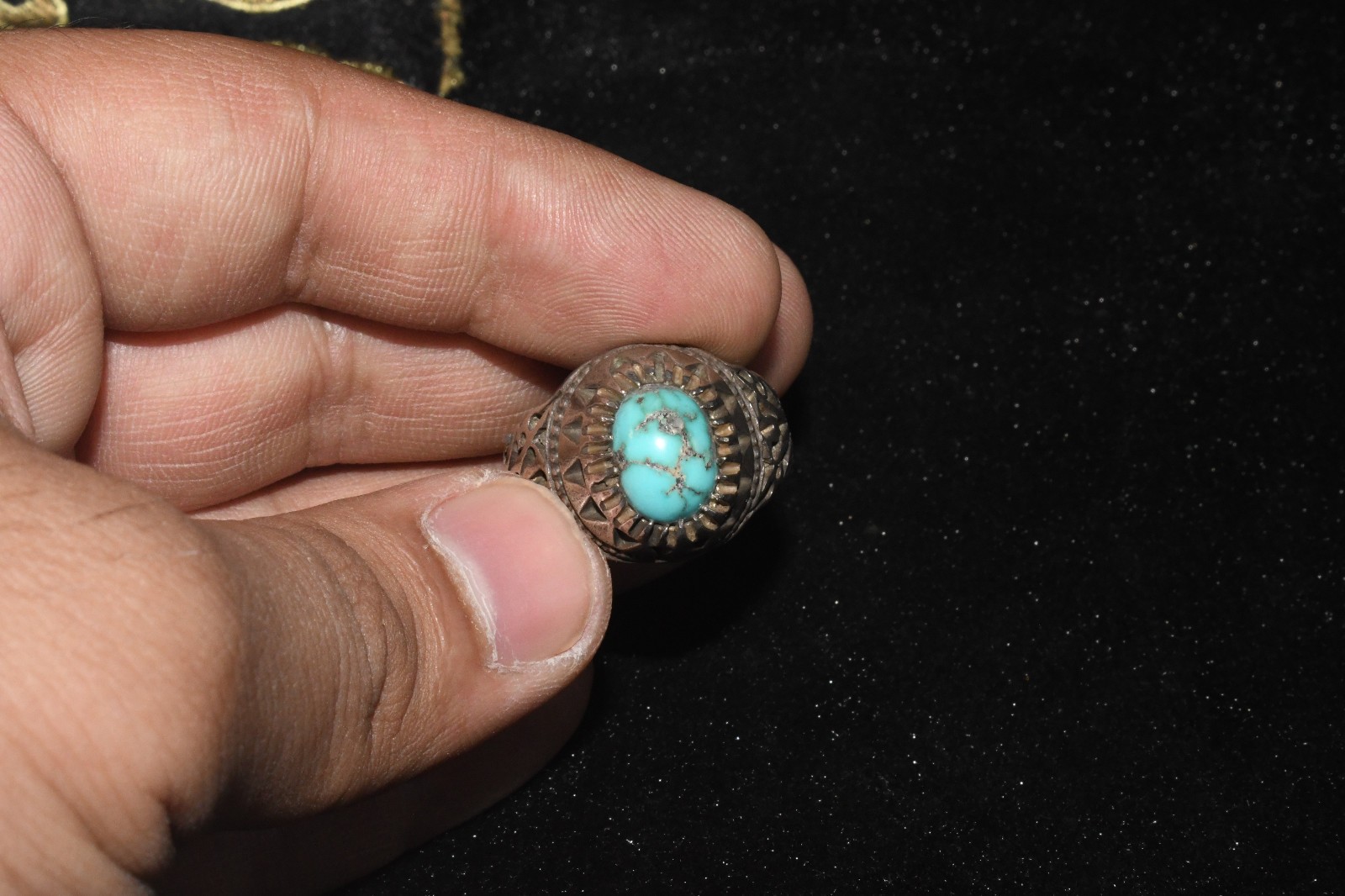 Large Antique Old Near Eastern Solid Silver Ring with Natural Turquoise Bezel