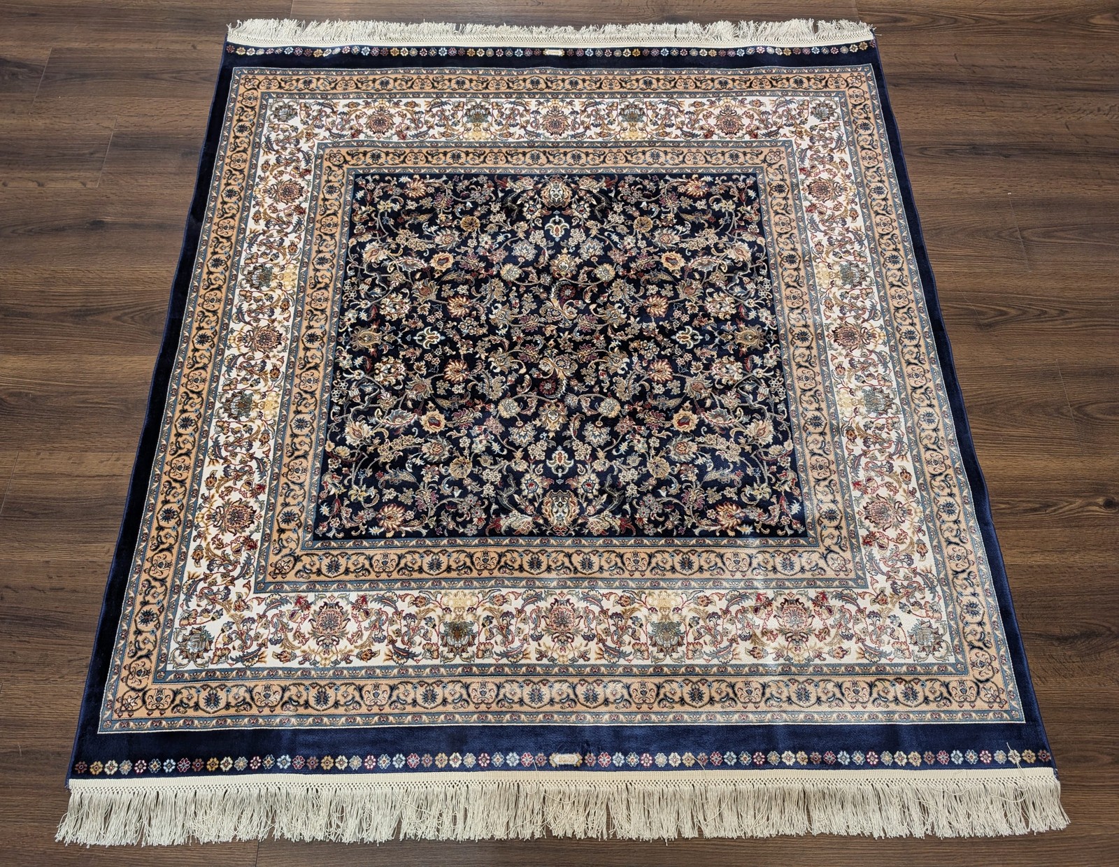 Square Turkish Silk Rug 5×5 Navy Blue Ivory Floral Fine New Bamboo Silk