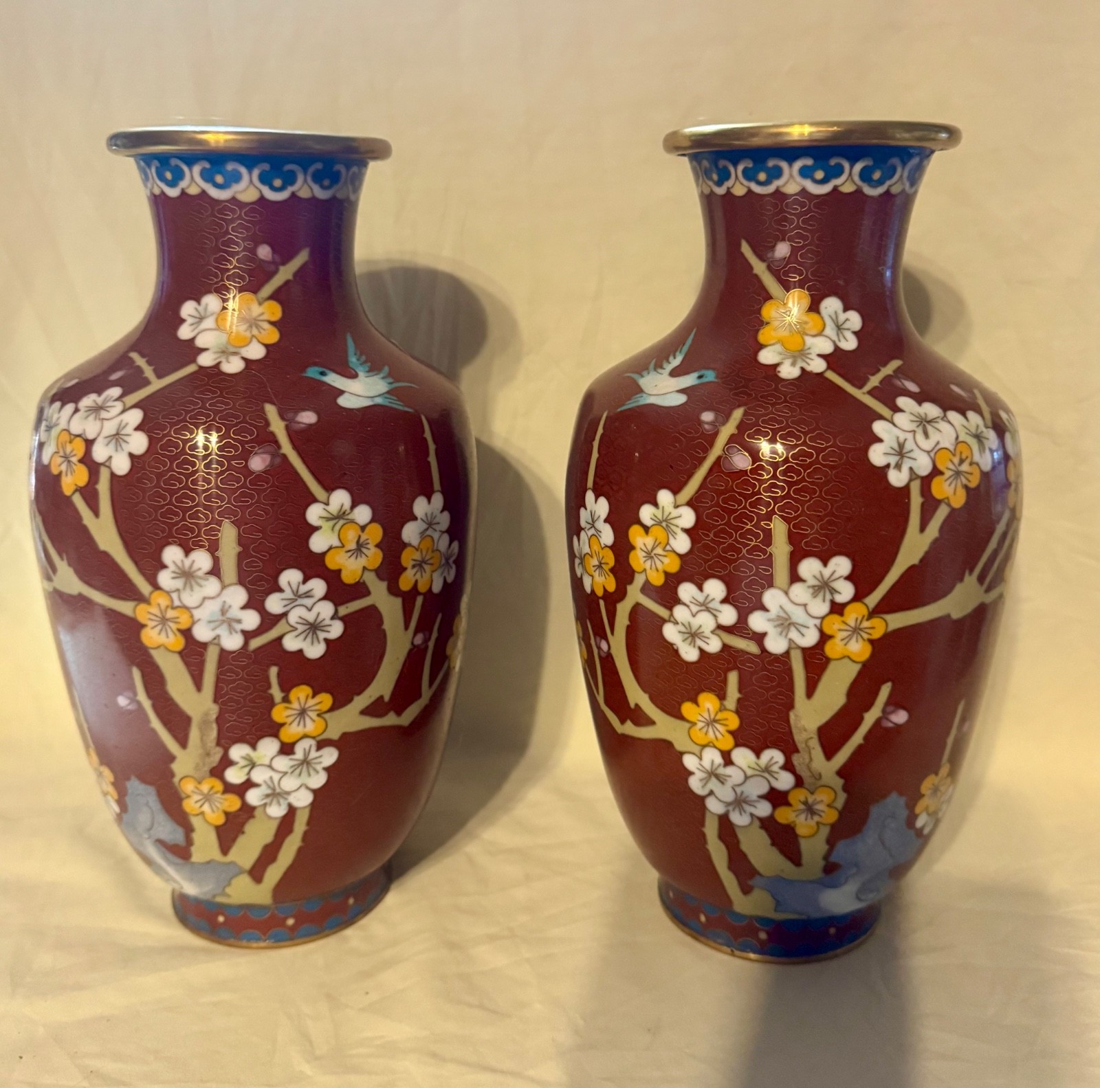 Chinese Enamel Cloisonne Vase Pair 10”