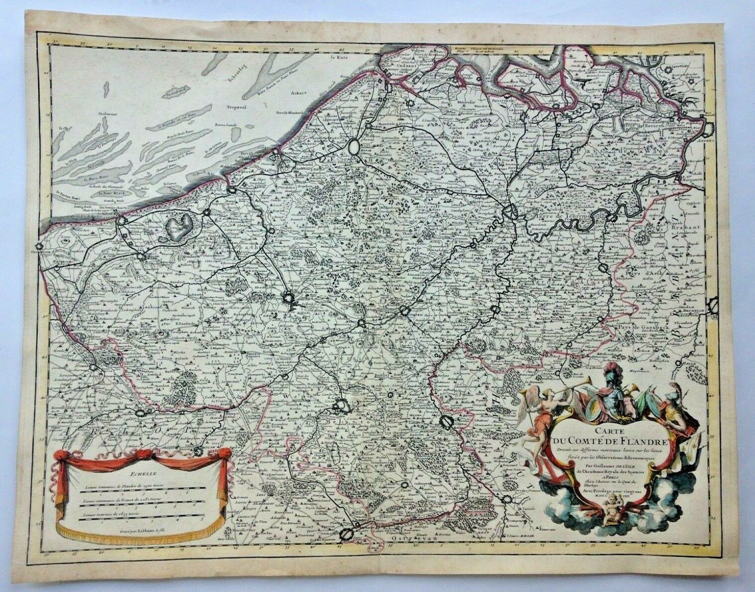 FLANDERS DATED 1704 GUILLAUME DELISLE LARGE ANTIQUE ENGRAVED MAP 18e CENTURY