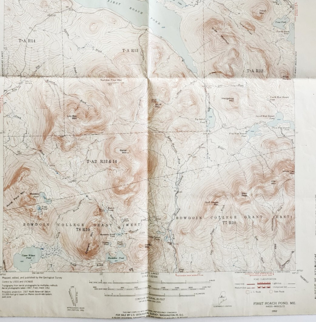 1955 Map USGS Topographic First Roach Pond Maine Antique Quadrangle TOPO23
