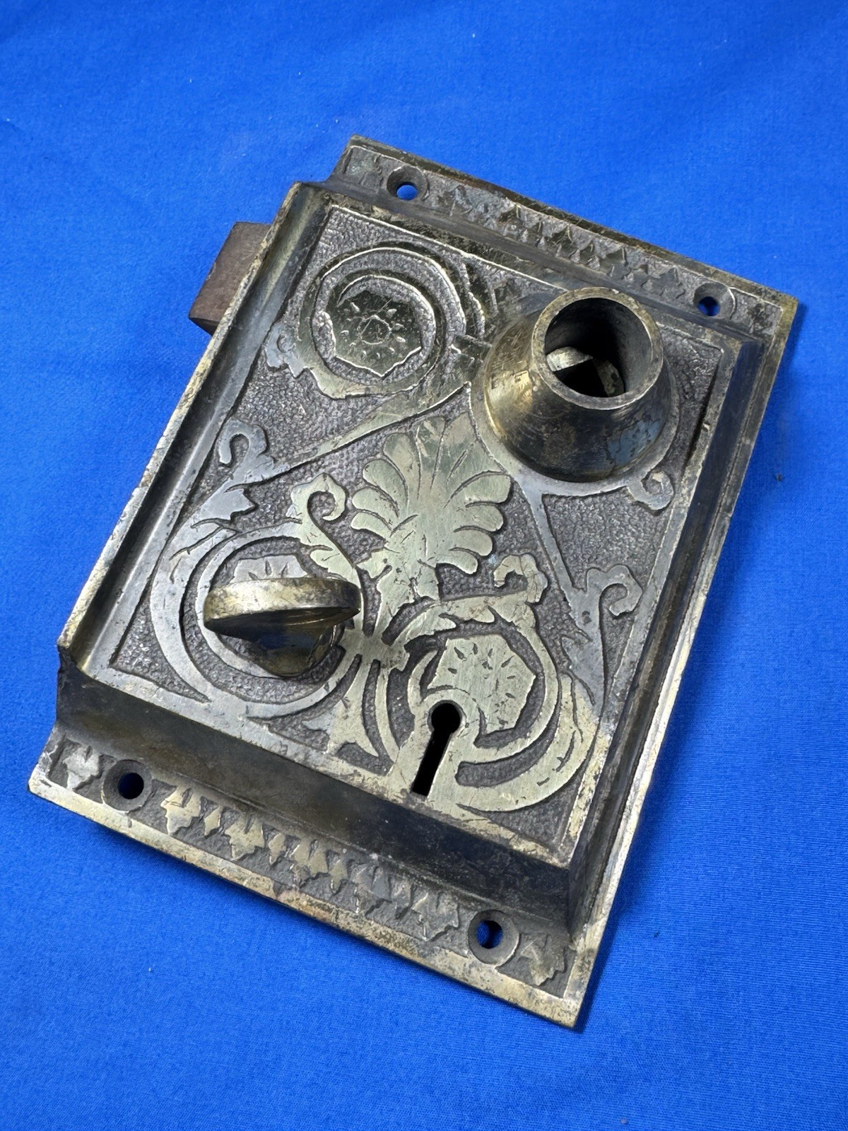 C.1895 Dayton Mfg Co. BRASS Rim Lock w/ Turn Lock, Ornate Victorian, Railroad?