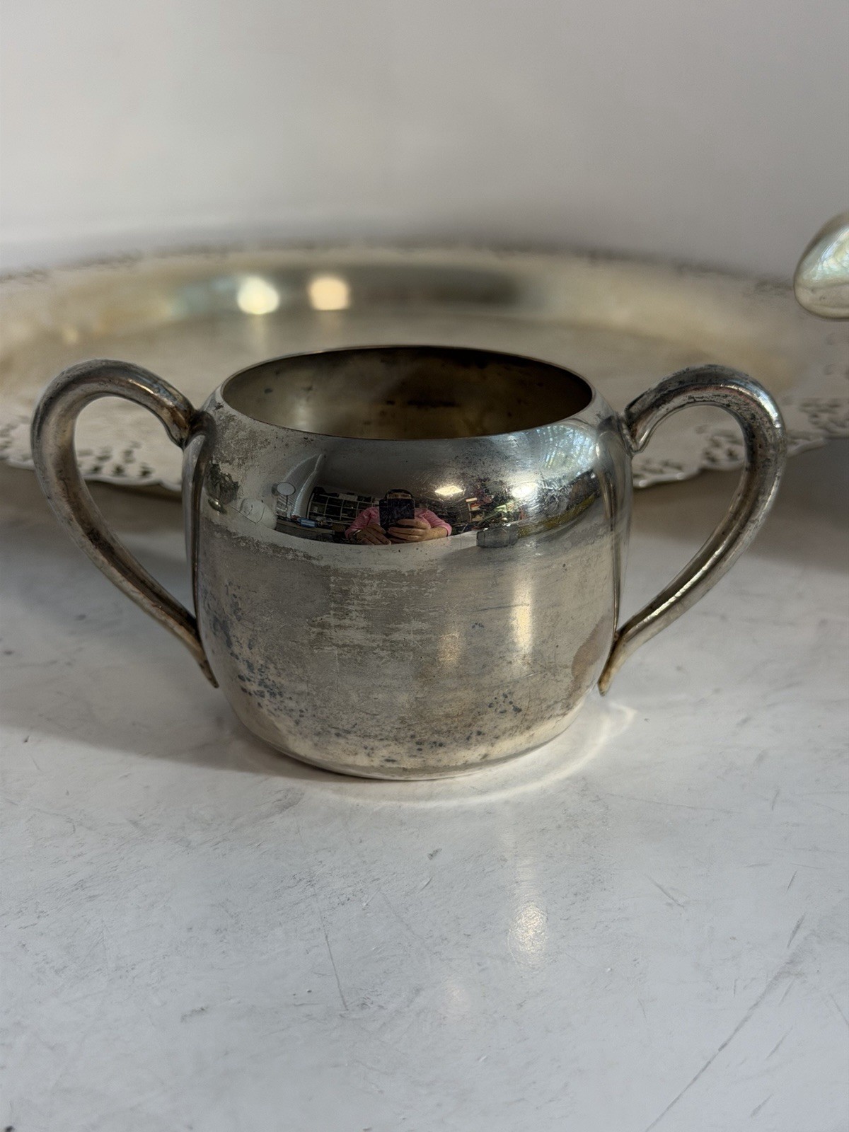 Vintage Silverplate Tea Set Serving Tray Creamer Sugar Bowl Wallace Keystone #51