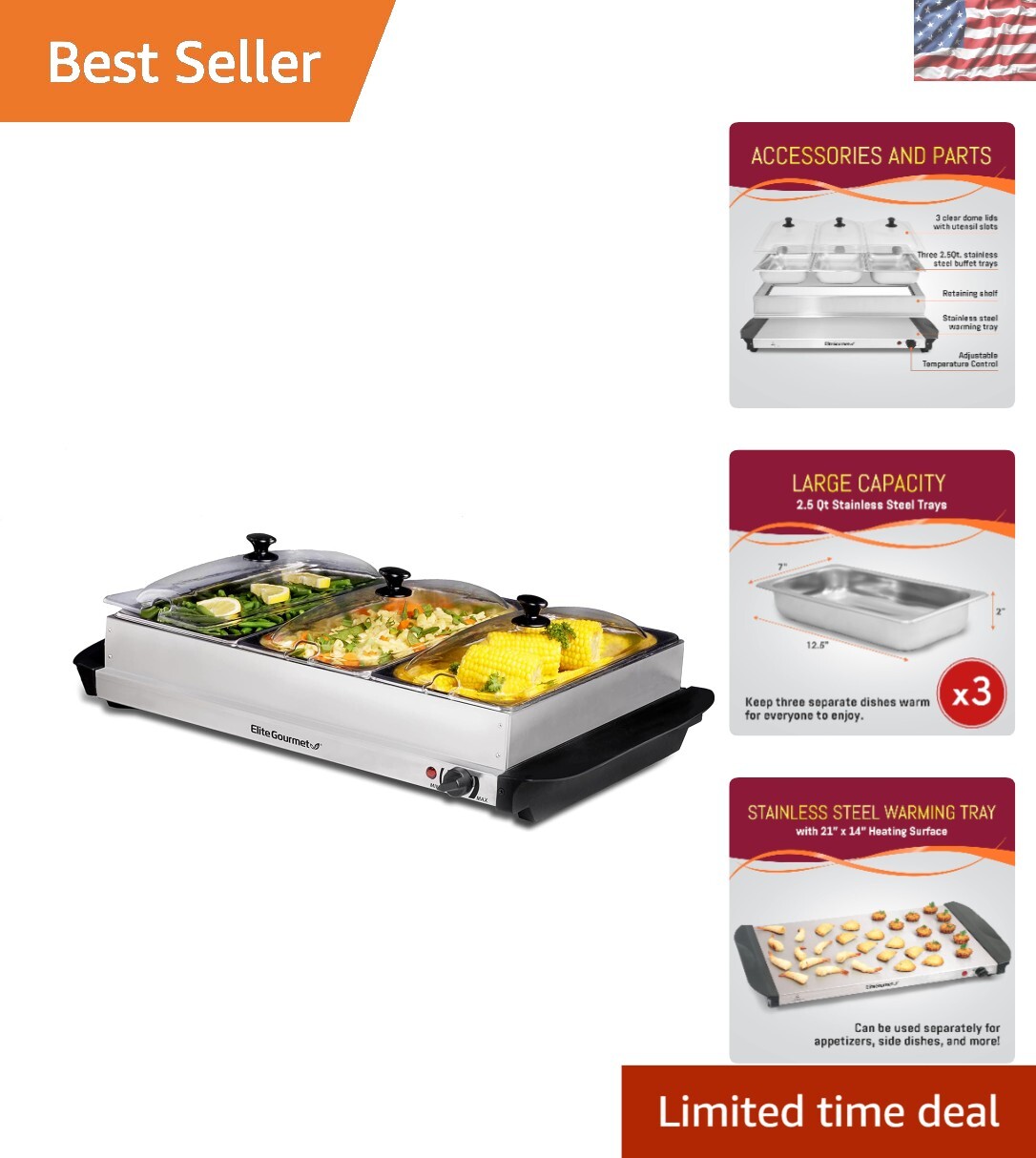 Versatile 3 Tray Food Warmer with Clear Lids – Stainless Steel – 7.5 Qt Capacity
