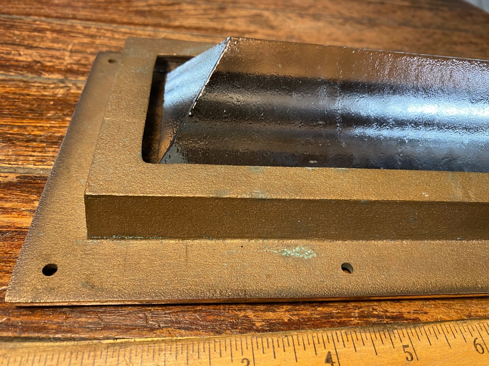 VINTAGE NOS CAST POLISHED BRONZE AND SOLID GLASS RECTANGULAR DECK PRISM 12 X 6