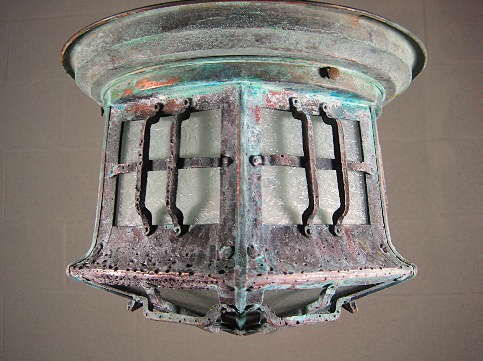 Antique Porch Light Solid Brass Ceiling Mount 1920`s Great Patina Restored