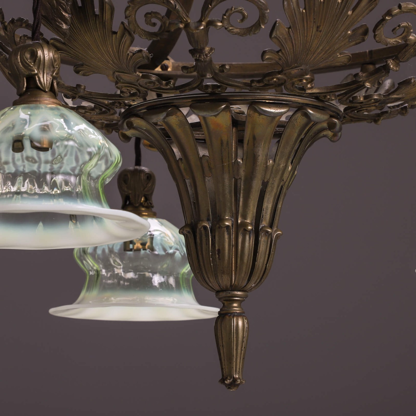 RARE ELEGANT ANTIQUE CAST BRASS GEC G.E.C. CHANDELIER 3 THREE LIGHT VASELINE