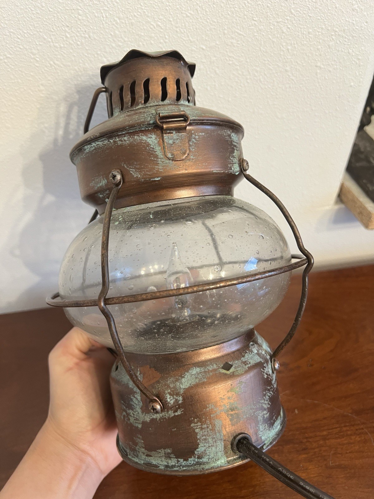 Vintage Copper Brass Ship’s Lantern With Glass Globe And Patina