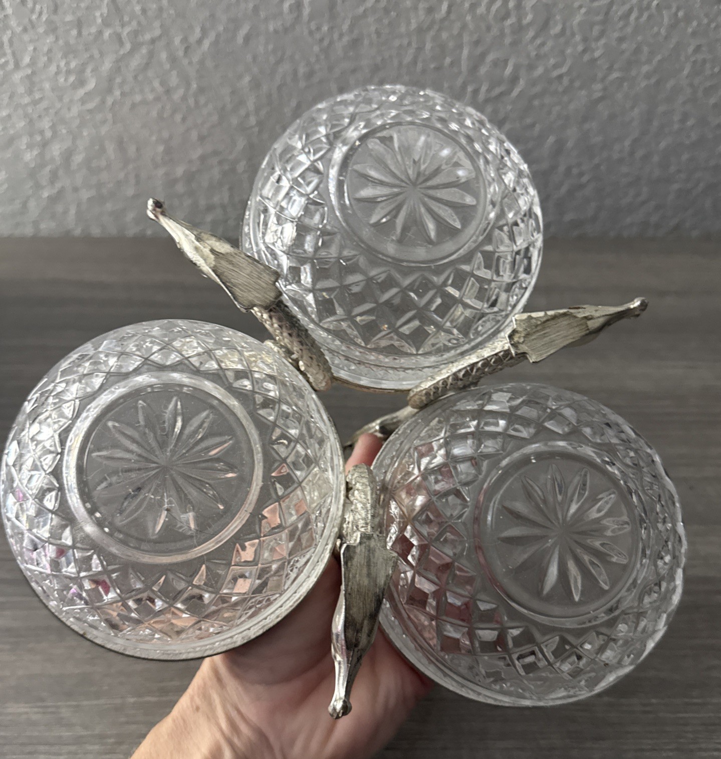 VTG Triple Condiment Server Diamond Cut Glass Bowls Silverplate Leaping Dolphins