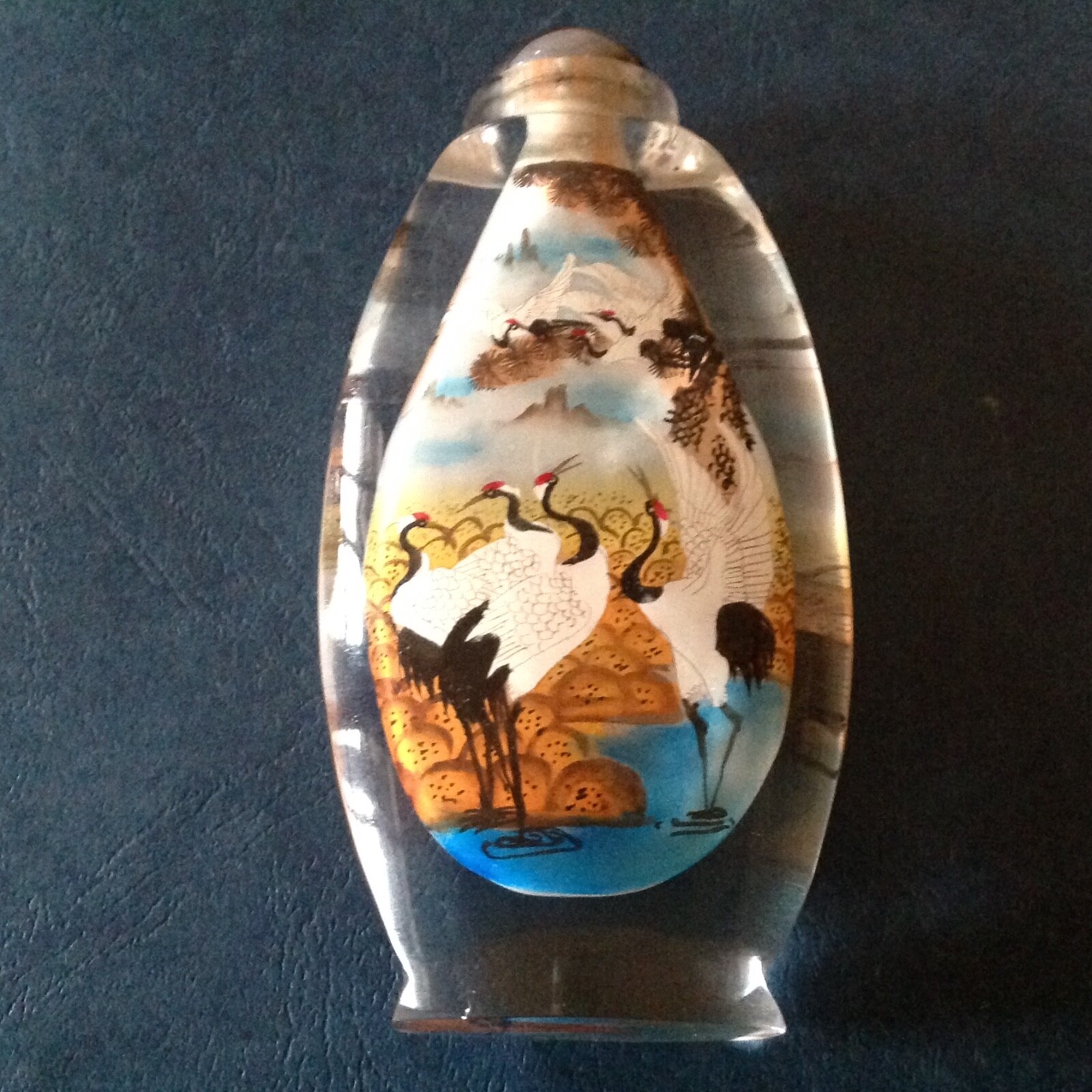 ~Large Vintage Inside Reverse Painted Crystal Snuff Bottle ~ Cranes ~SALE PRICED
