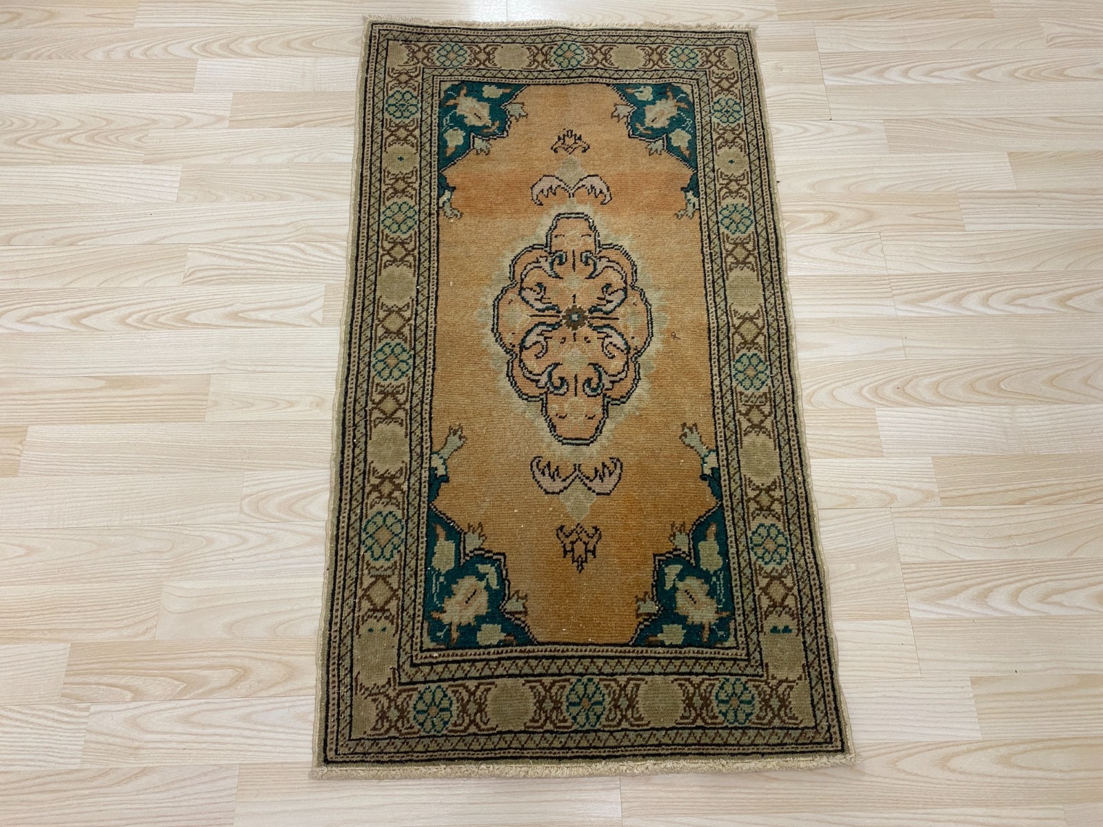 Antique Turkish Rug 2.0×3.4 ft Vintage Peach Teal Floral Small Mat Boho Decor