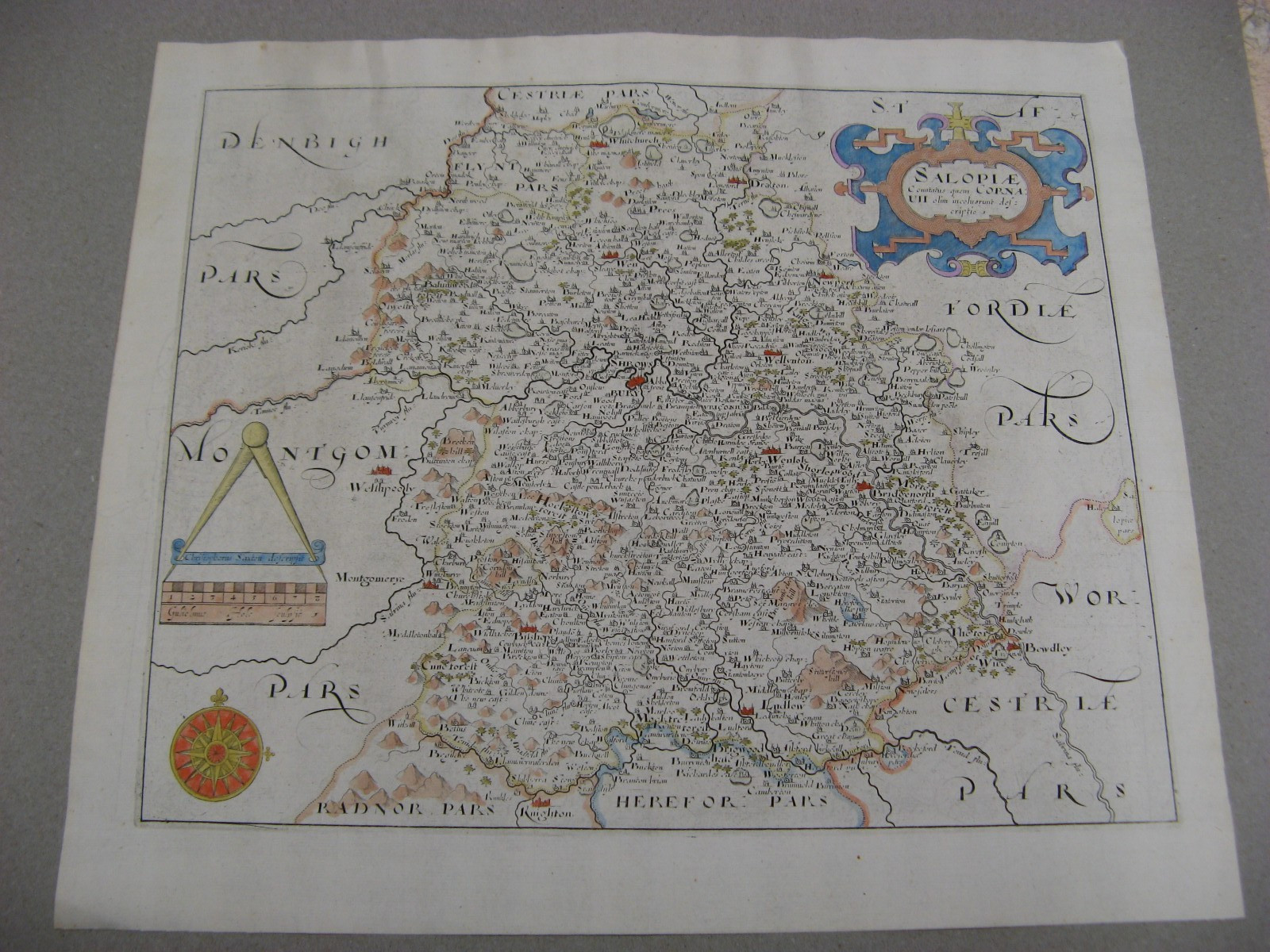 100% ORIGINAL SHROPSHIRE MAP BY SAXTON/HOLE/KIP C1637 VGC HAND COLOURED