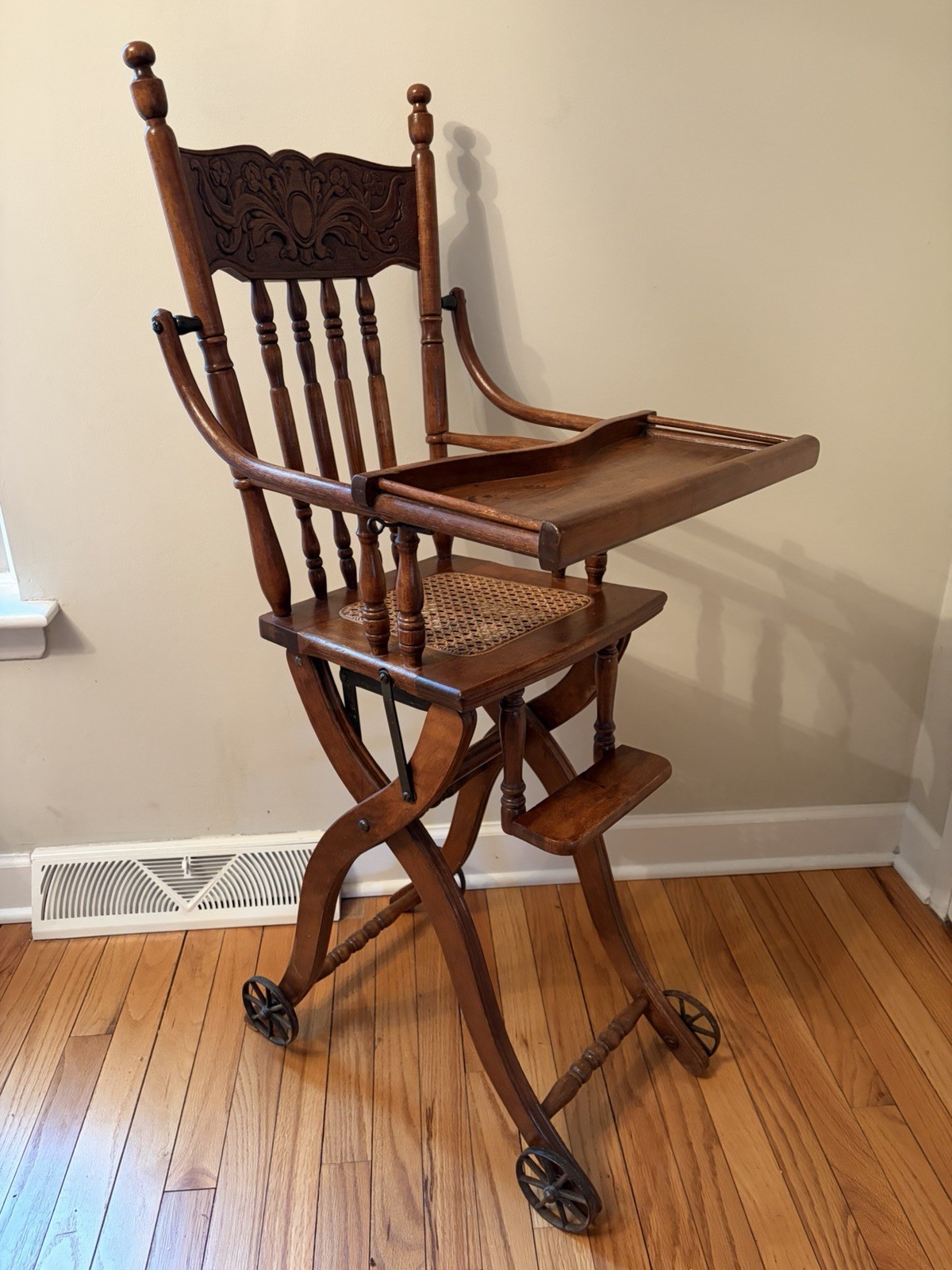 Antique Early 1900s Wood Cane Folding Adjustable High Chair Wheels LOCAL PICKUP