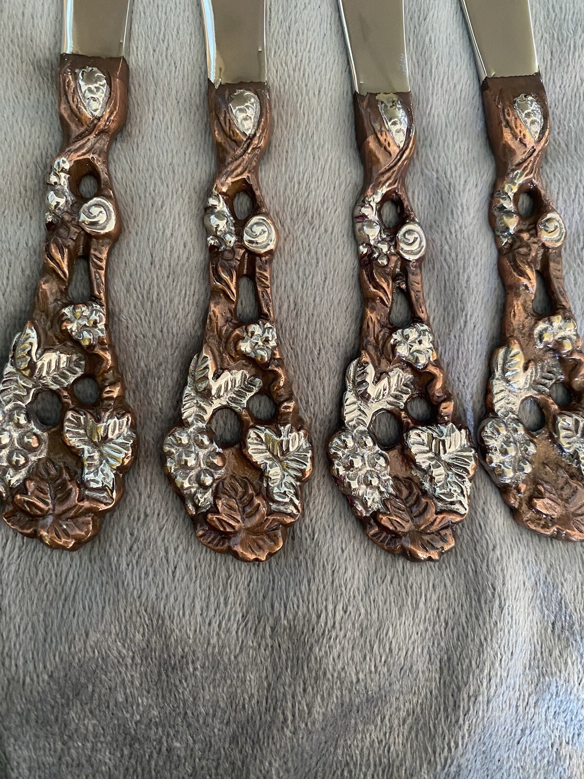 Vintage Butter Jam Spread Knives Floral Pattern Copper And Silver Set Of 4