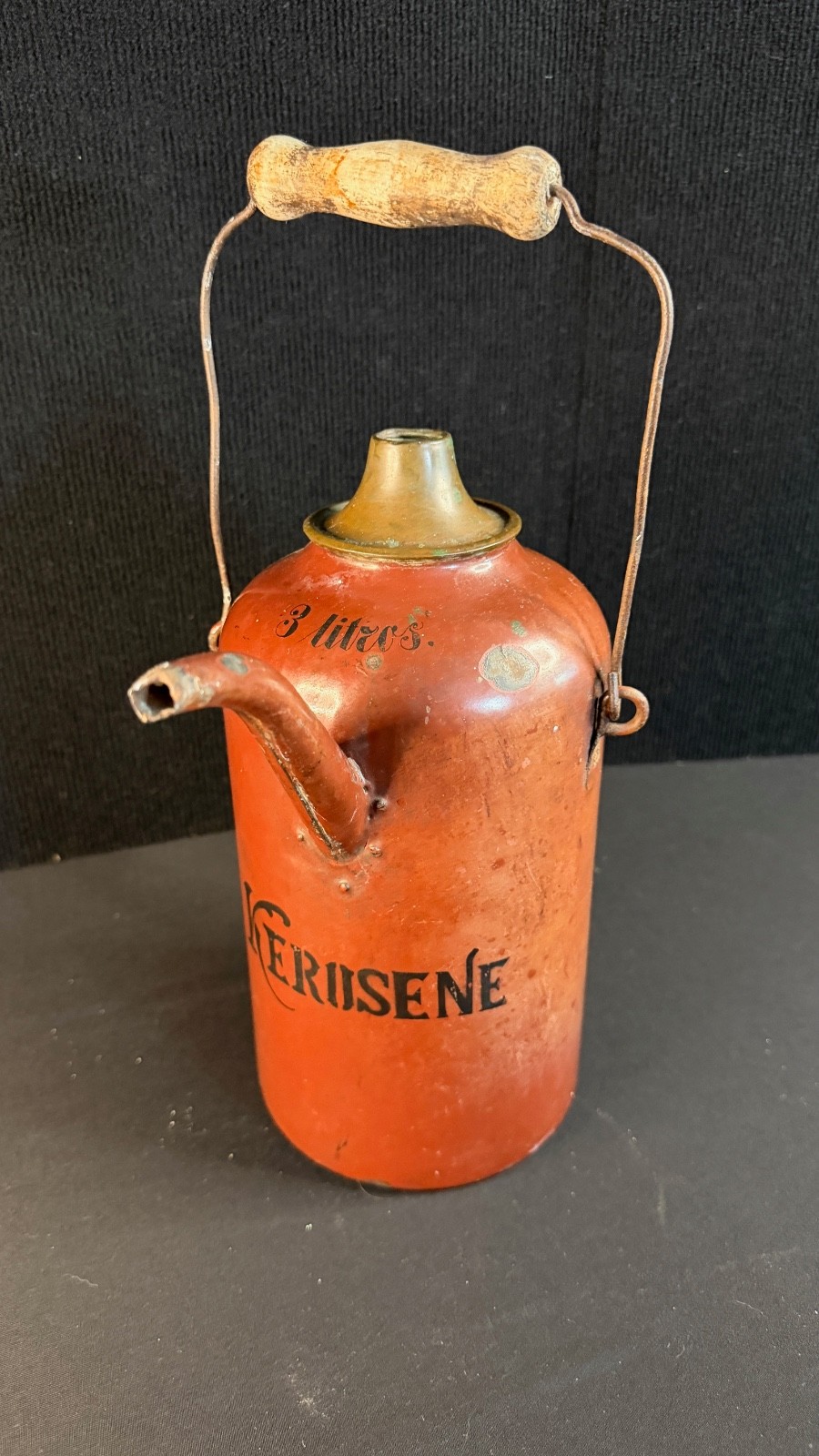 Antique Burgundy Enameled Kerosene Jar 3 Litres Pail Handle