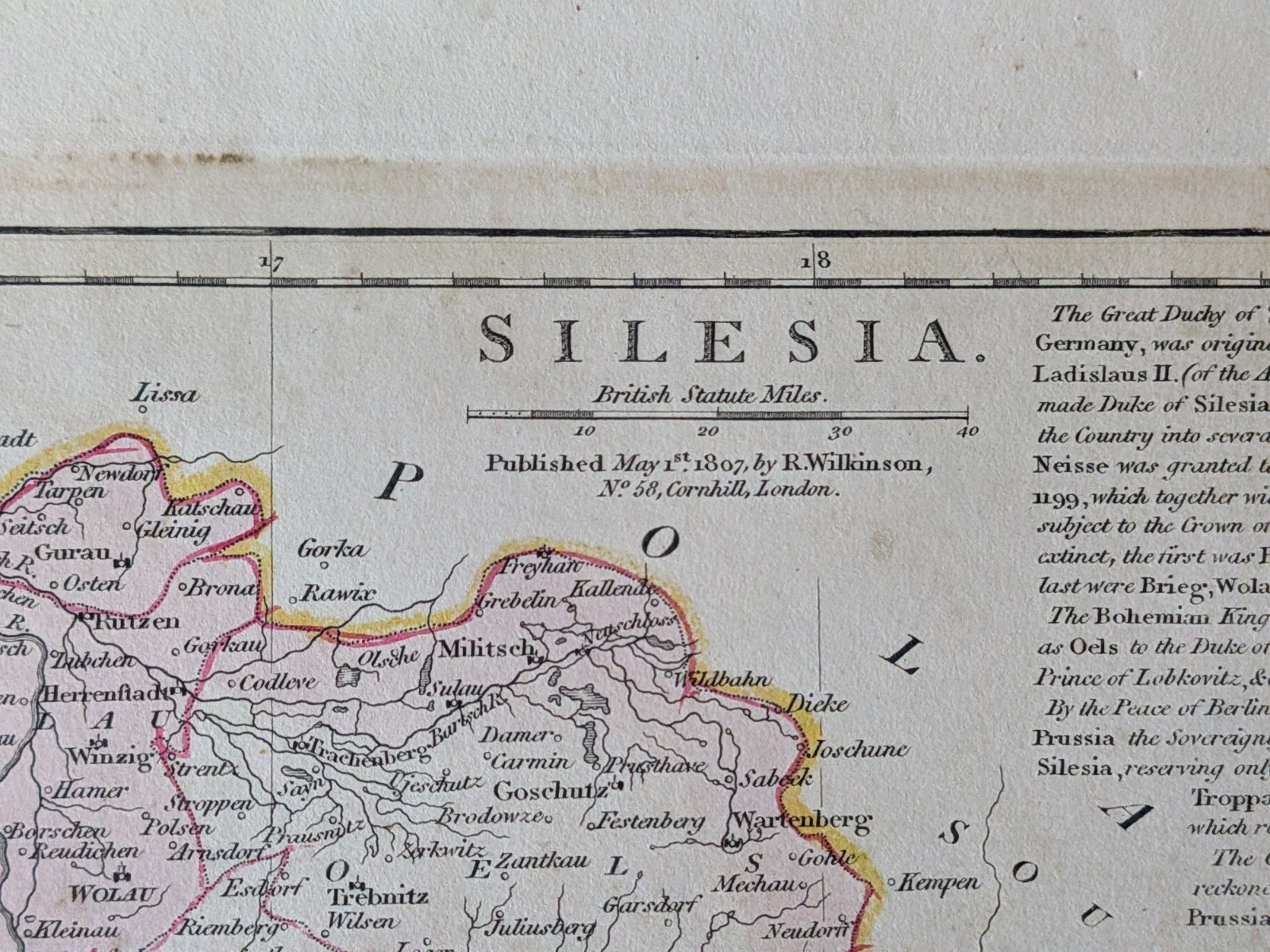 1807 Silesia Map Robert Wilkinson Hand Colored Antique Poland Prussia Germany