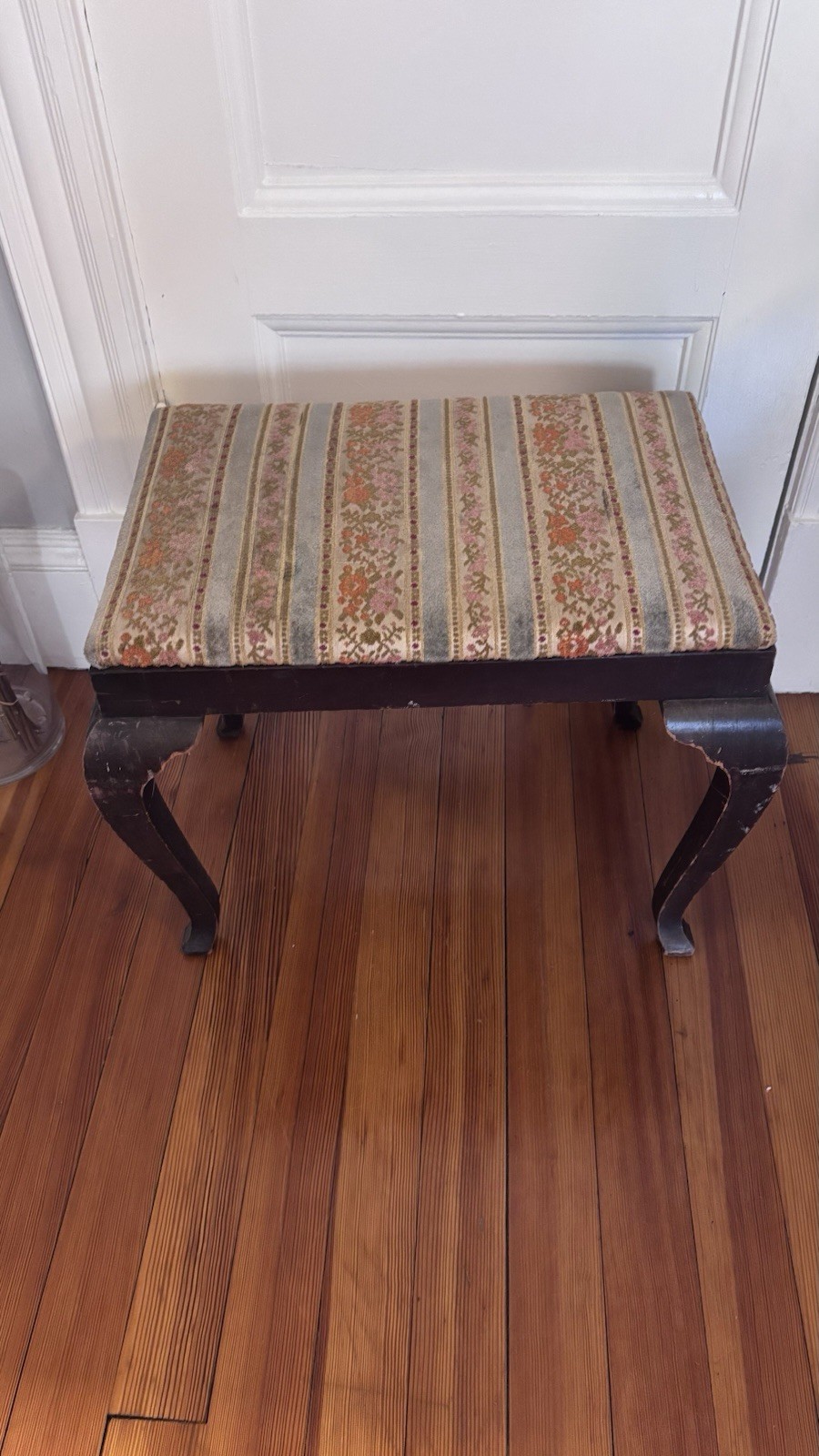 Antique Wooden Rectangular Footstool Striped Upholstered Top Carved Details