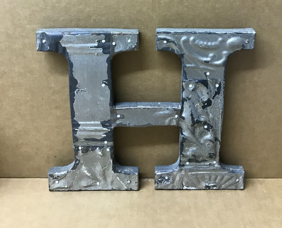 Decorative Salvaged Tin Ceiling 8″ Patchwork Shabby Silver Letter H Old 190-26B