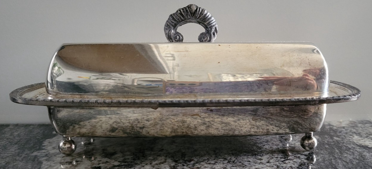 Footed Covered Doom BUTTER DISH Silverplate Academy Silver on Copper OPALITE #4