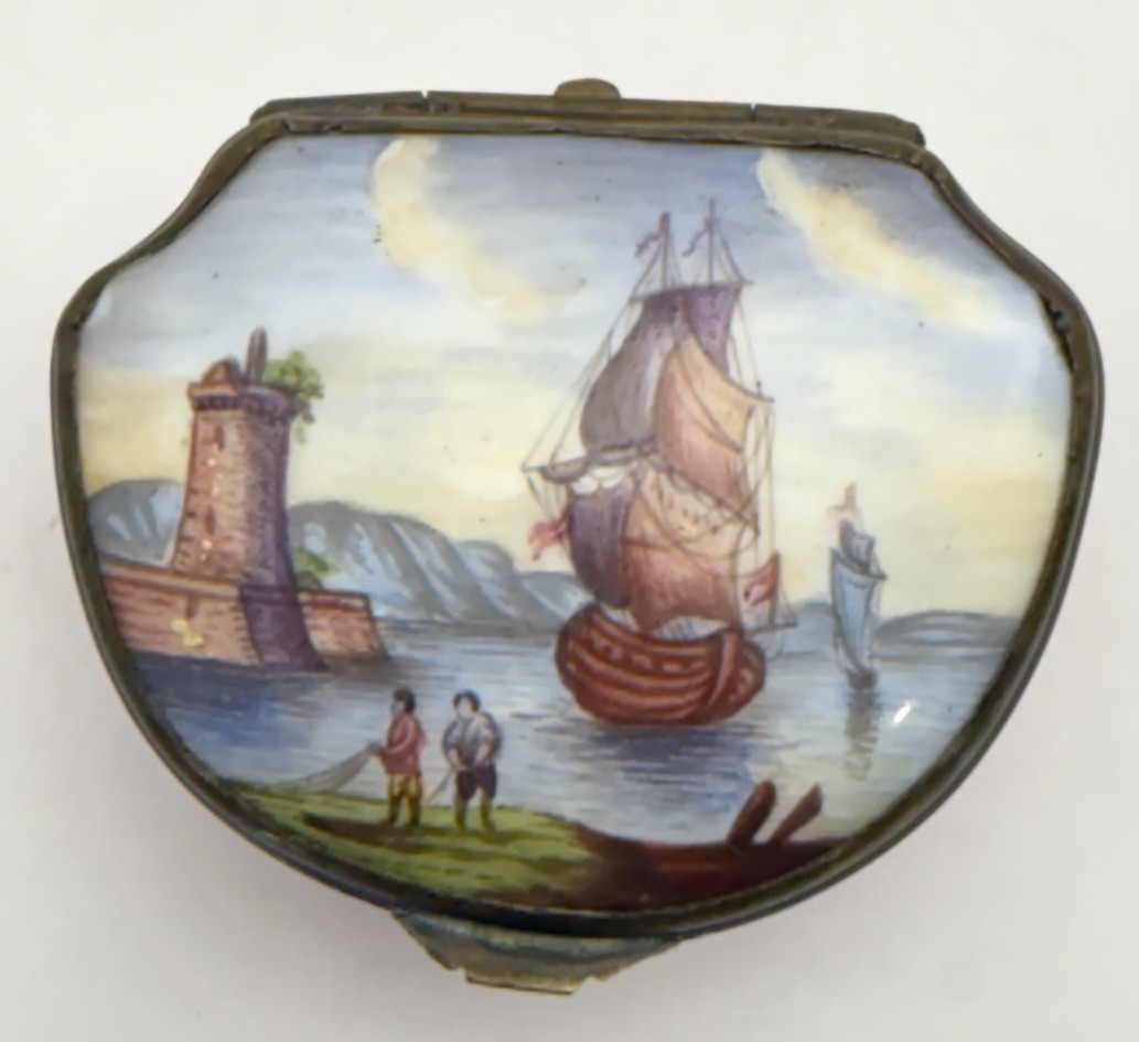 Antique English Ship At Port Bilston or Battersea Enamel Patch Snuff Box