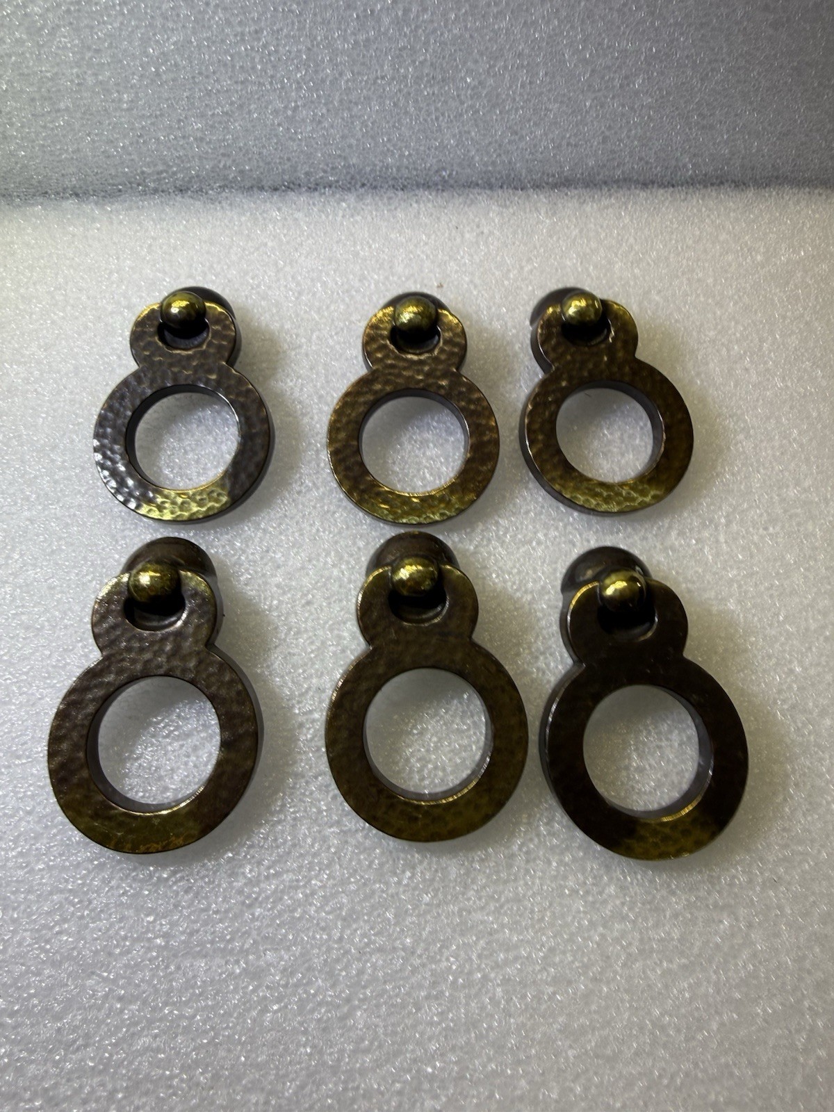 6 Vintage KBC Hammered Antique Brass Finish Ring Pulls Cabinet Round Shaped (88)
