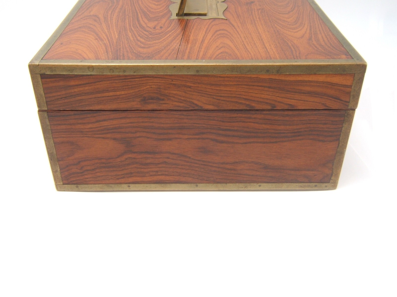 ANTIQUE ENGLISH WOOD BOX FLAMED WOOD BRASS INLAY VGC