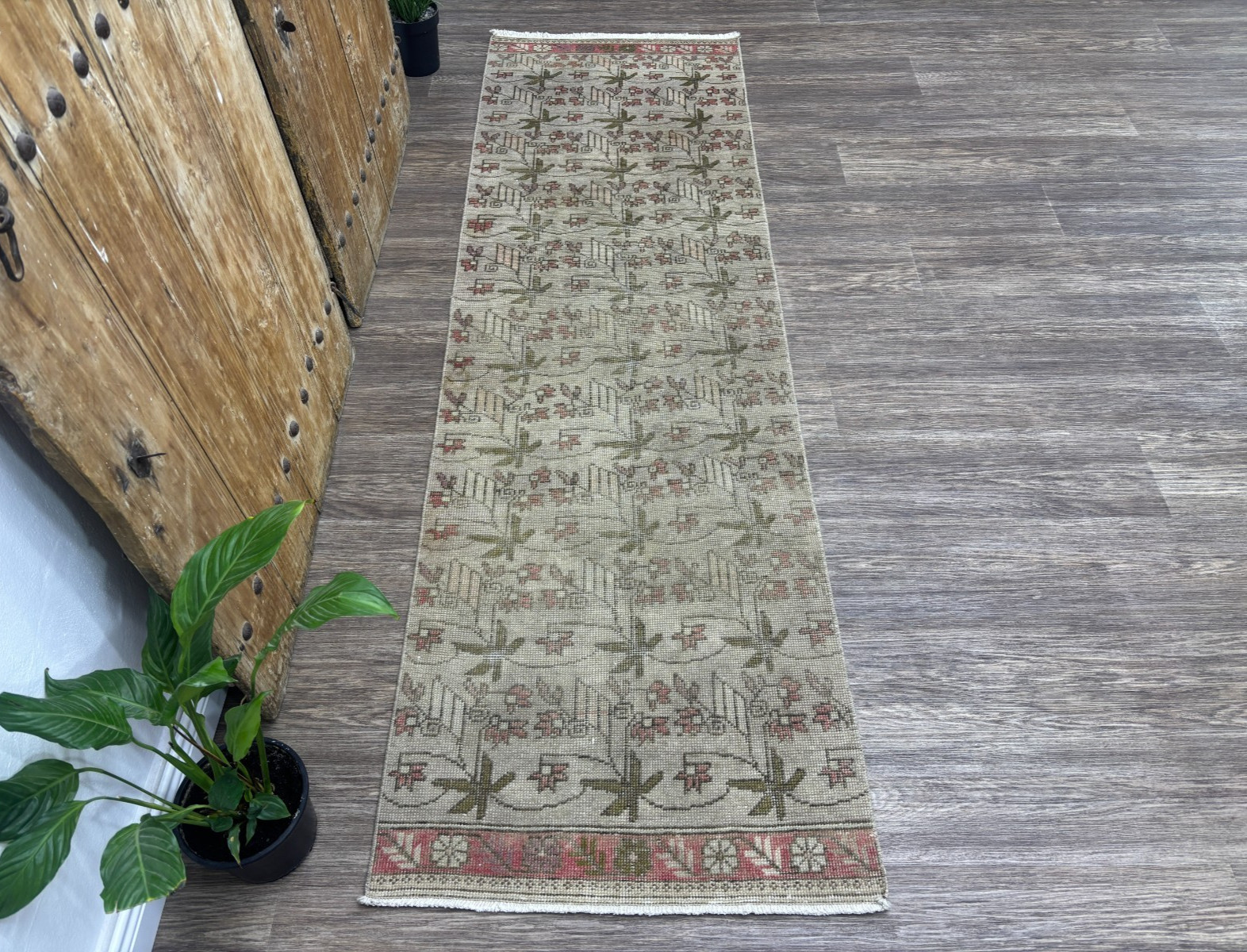 2×8 Hand-Knotted Wool Light Gray Green Vintage Turkish Hallway Kitchen Runner