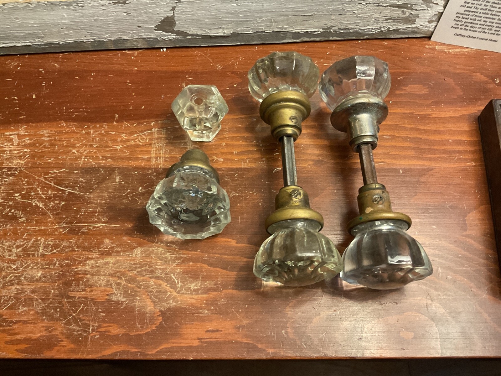 Vintage Antique Pair Of Glass & Brass Door Knobs Set With Spindle