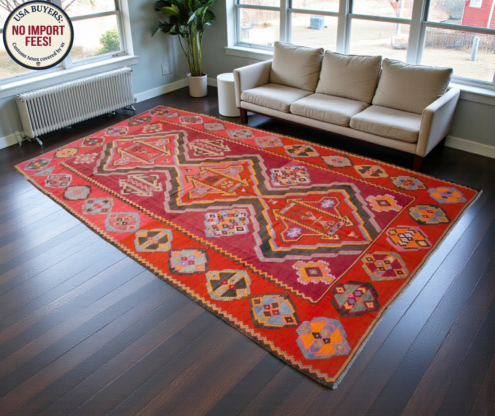 7×12 ft Rug Turkish Rug Handmade Flat Weave Vintage Kilim Bold colors Area Rug