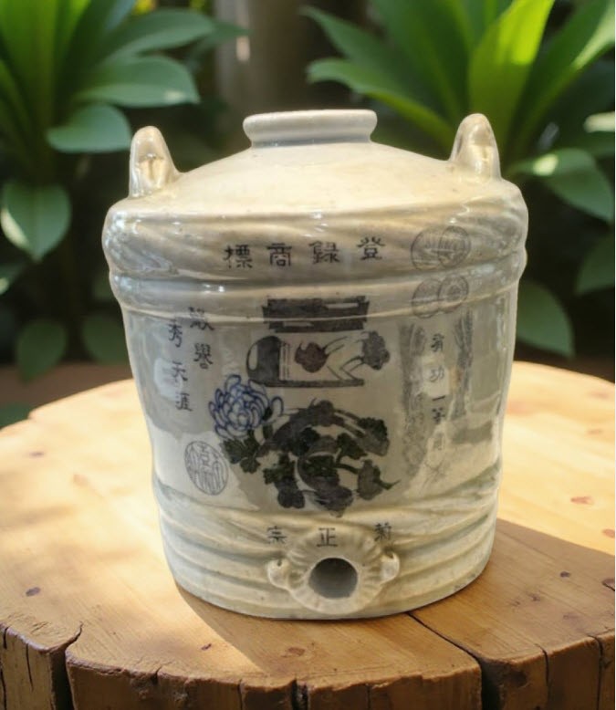 Antique Large Japanese Stoneware Sake Barrel (taru/daru) Dispenser/Storage Jar.